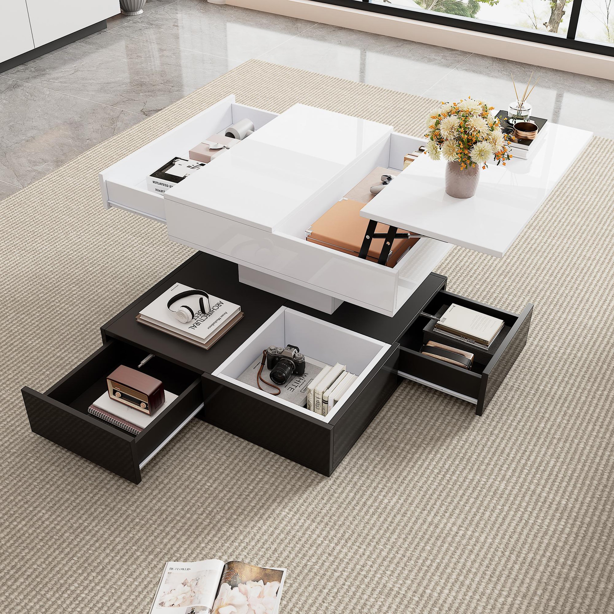 Voir la diapositive 5 : MERAX Table basse relevable pivotante carrée noir+blanc - 70x70 cm panneau de particules