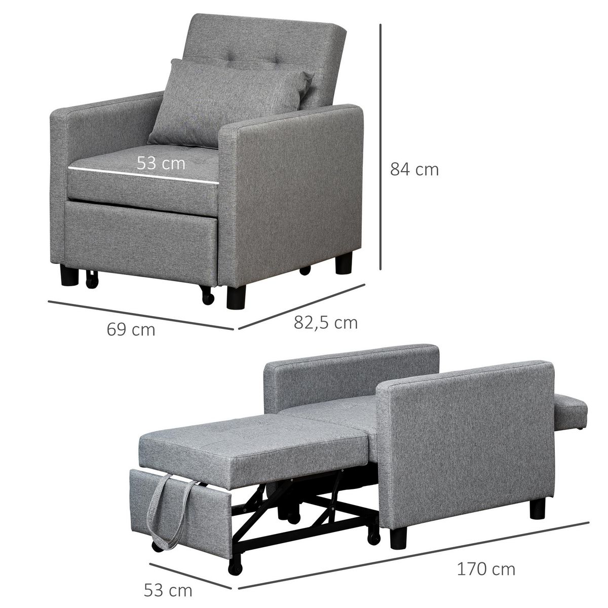 HOMCOM Fauteuil chauffeuse canapé-lit convertible 1 place dossier inclinable 3 positions coussin inclus polyester coton gris