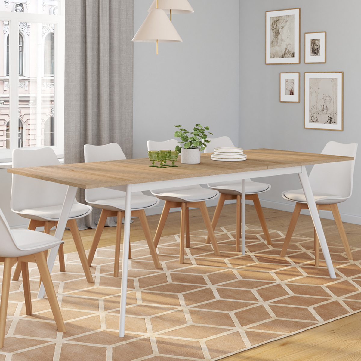 ID MARKET Table scandinave extensible rectangle INGA 6-10 personnes plateau bois pieds blancs 160-200 cm