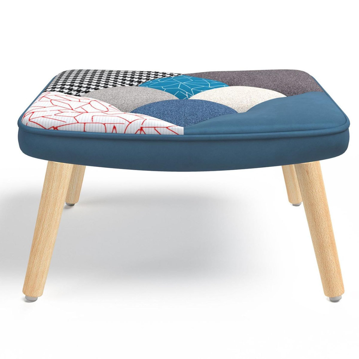 ID MARKET Fauteuil scandinave IVAR avec repose pieds en tissu patchwork et velours bleu