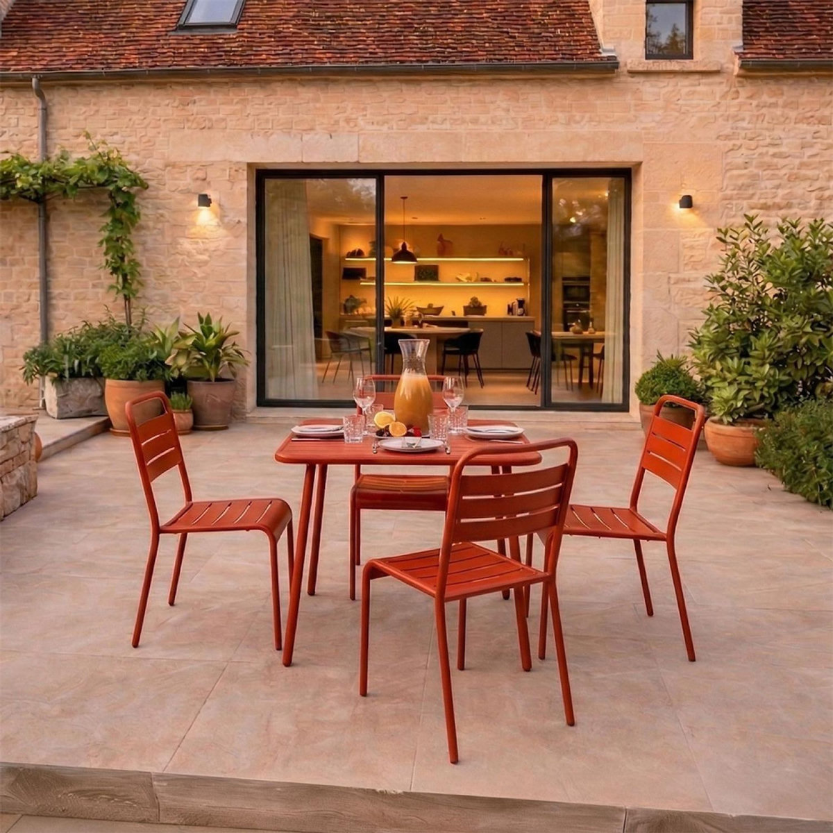 CONCEPT USINE Ensemble table de jardin carrée 70cm et 4 chaises terracotta BERGAME