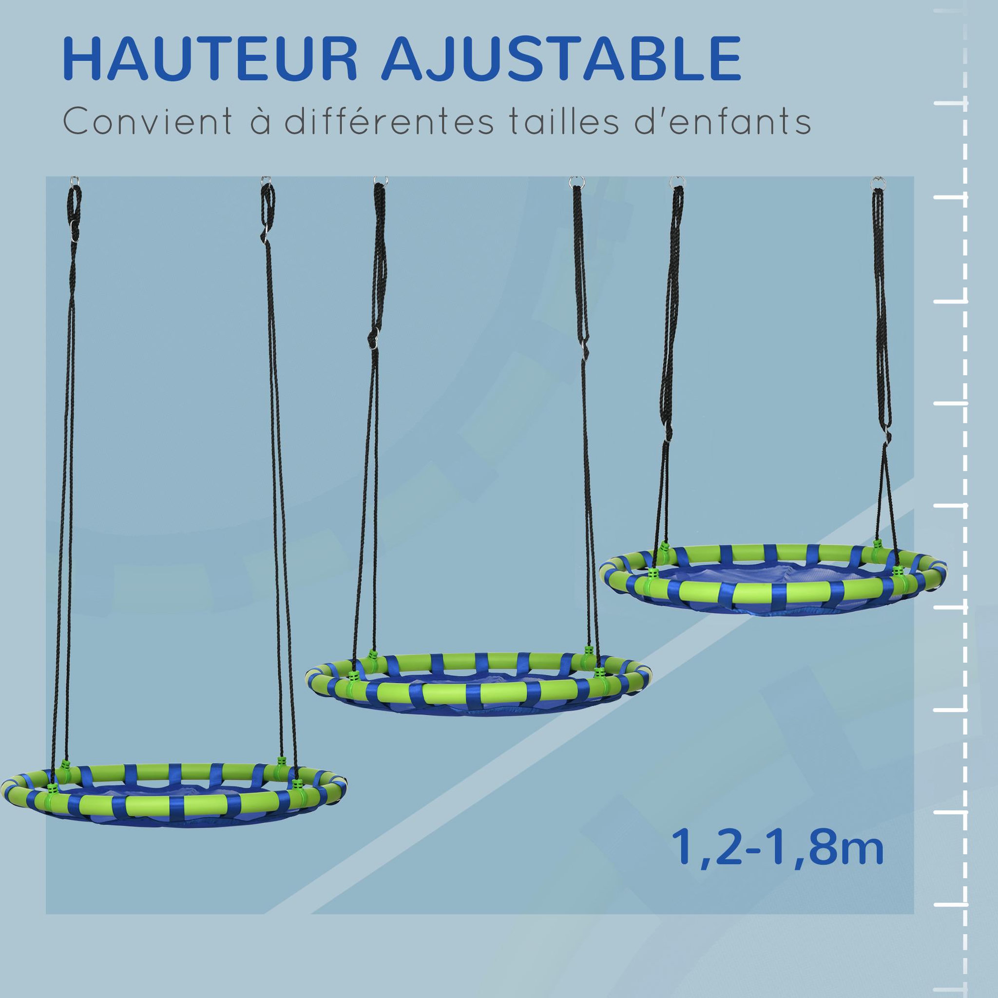 Voir la diapositive 5 : OUTSUNNY Balançoire nid d'oiseau ronde balançoire panier Ø 100 x 120-180H cm accessoires inclus bleu vert
