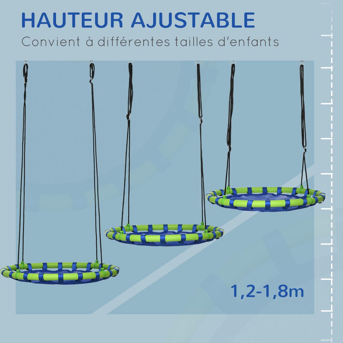 OUTSUNNY Balançoire nid d'oiseau ronde balançoire panier Ø 100 x 120-180H cm accessoires inclus bleu vert