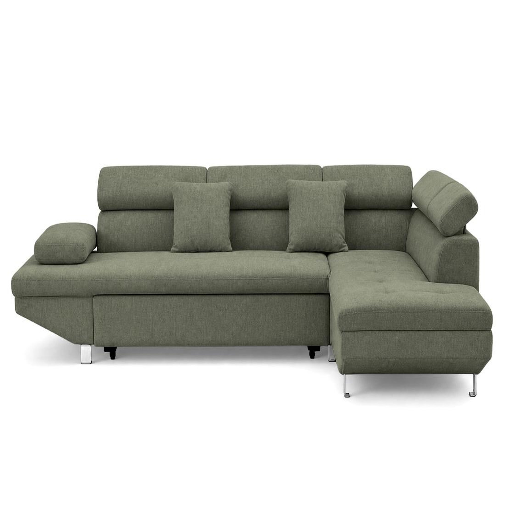 Voir la diapositive 1 : BEST MOBILIER Margaux - canapé d'angle droit 5 places convertible avec coffre et têtières réglables en velours texturé