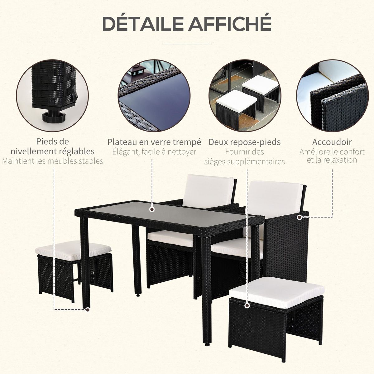 OUTSUNNY Outsunny Ensemble salon de jardin encastrable 2 fauteuils monoblocs + 2 tabourets + table basse résine tressée 4 fils coussins déhoussables crème noir