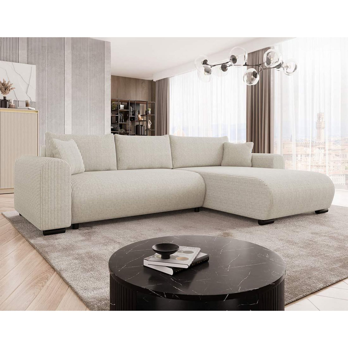 BEST MOBILIER Rosalie - canapé d'angle réversible 4 places convertible avec coffre en velours côtelé