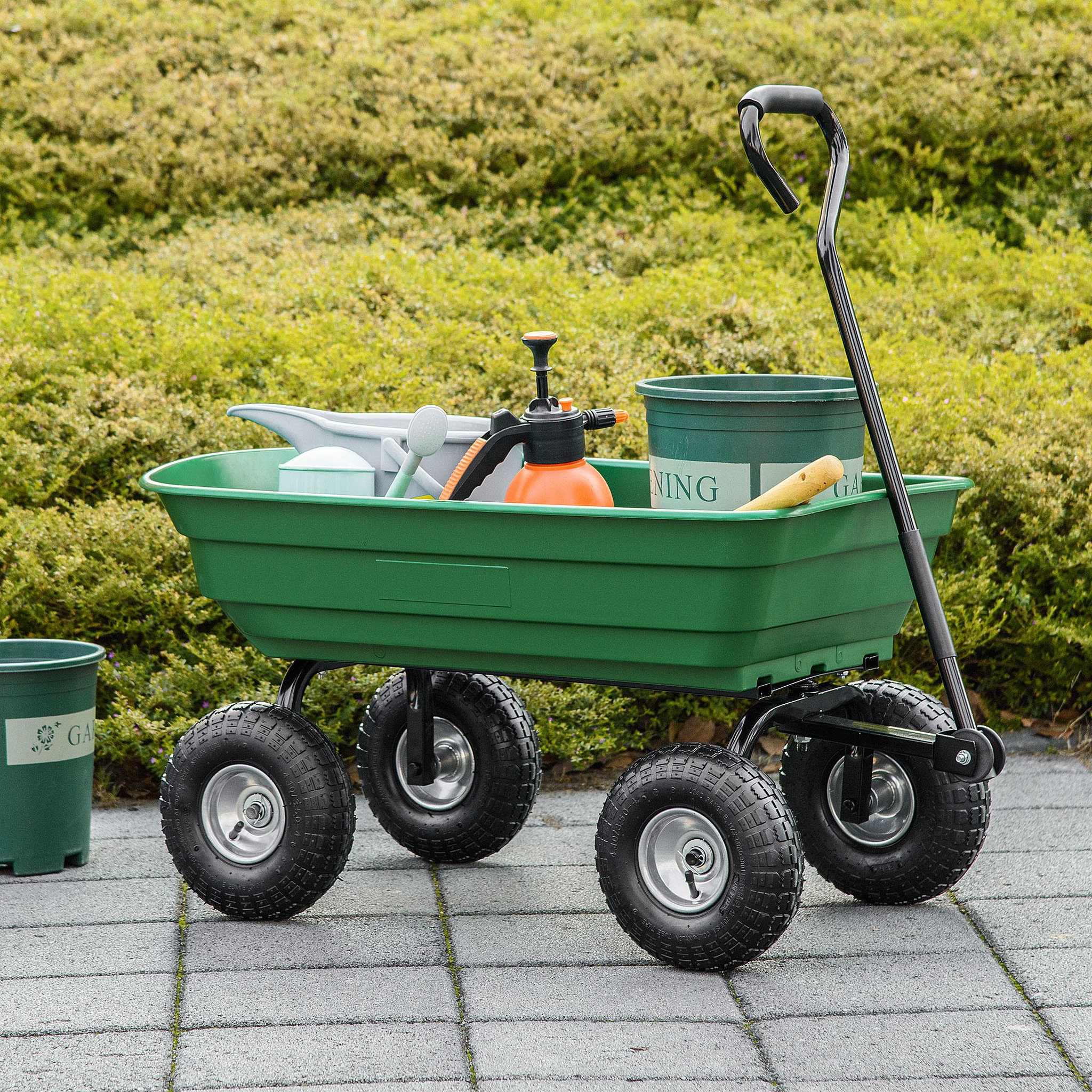 Voir la diapositive 4 : OUTSUNNY Chariot de Jardin 100L max. 250 Kg 4 roues pneumatiques poignée réglable noir vert