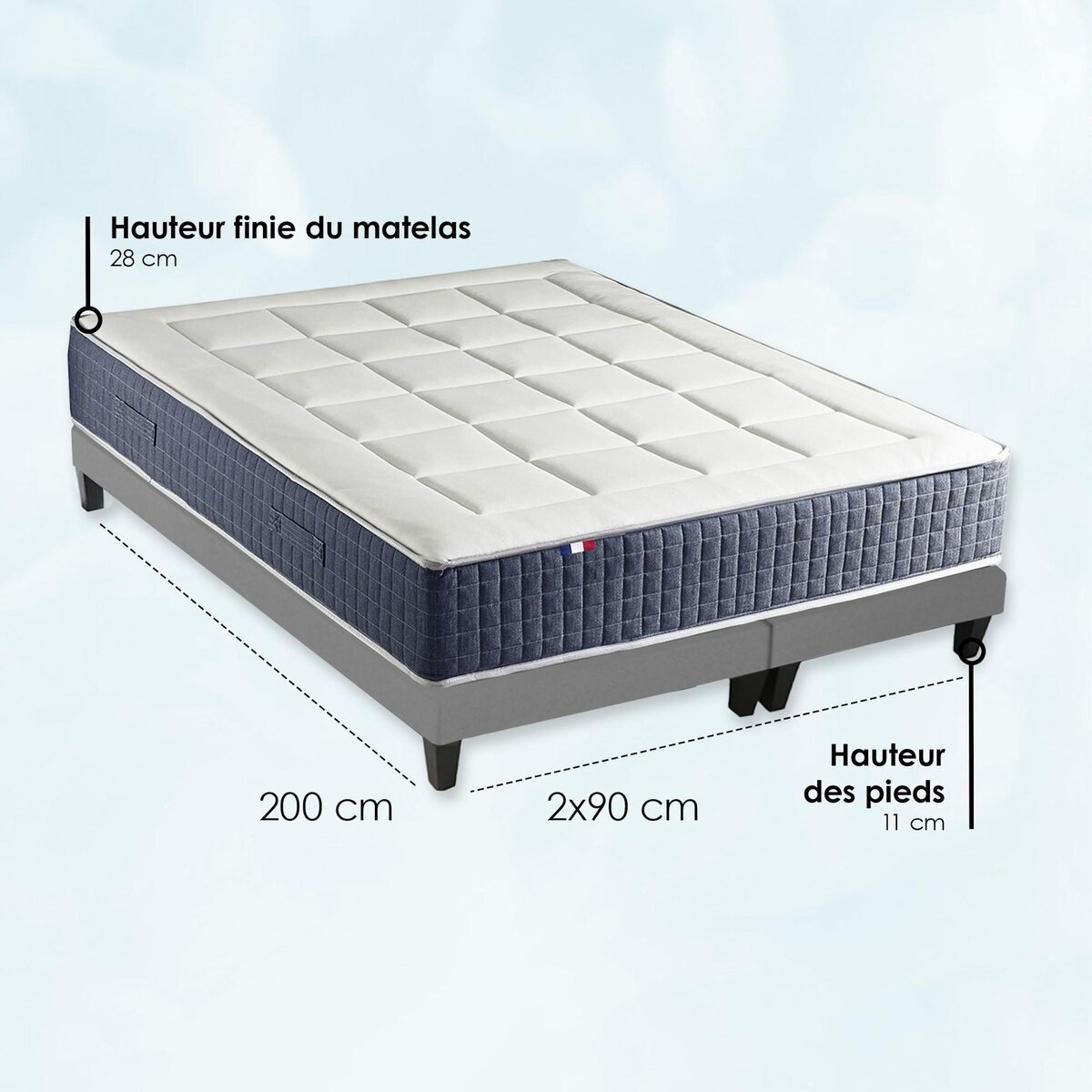 IDLITERIE Ensemble Matelas Ressort 7 zones + Mémoire de forme + Sommier KING STYLE Fabriqué en France