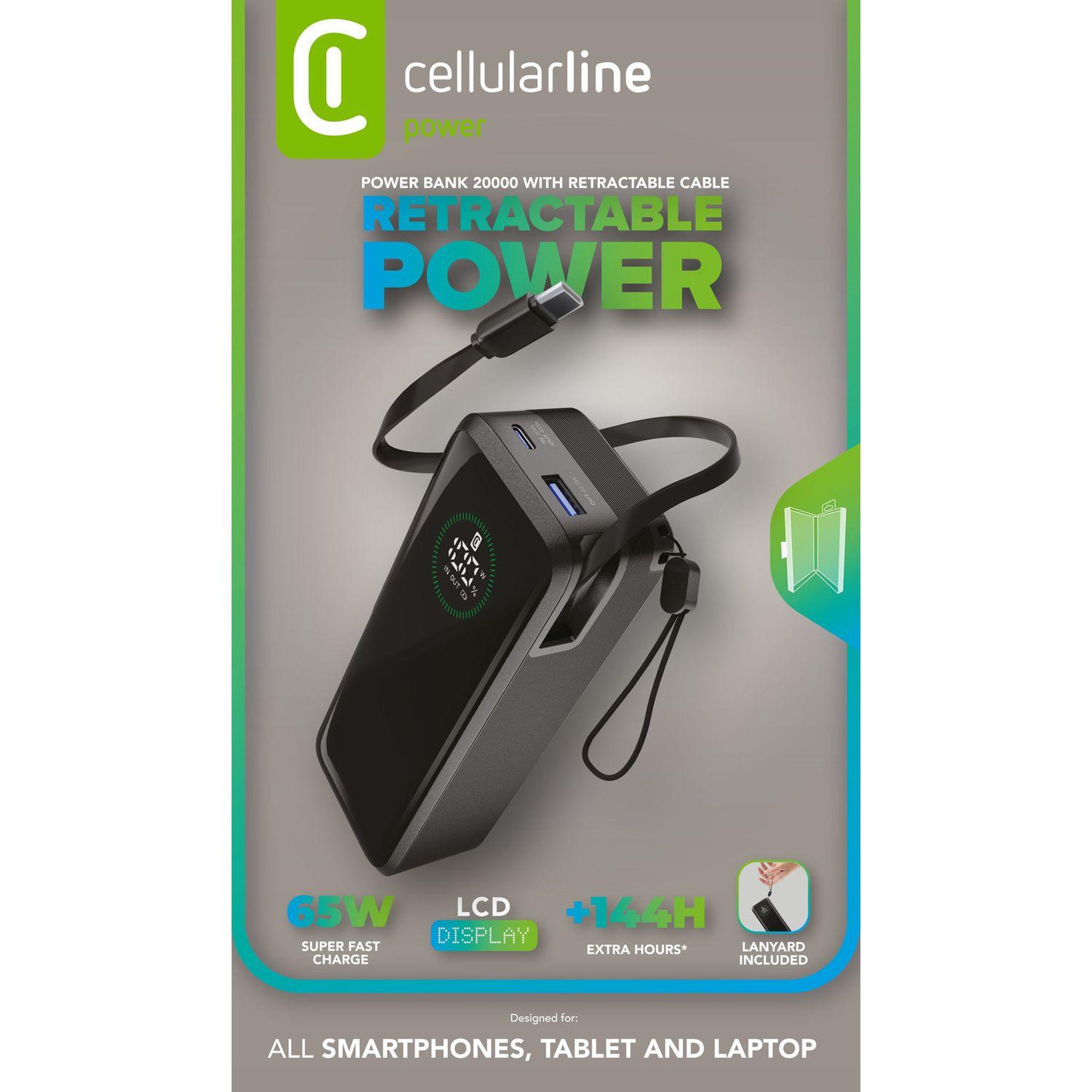 Voir la diapositive 3 : CELLULAR LINE Cellularline power bank roller 20000 batterie externe de 20 000 mah avec sortie jusqu'à 65w, parfaite pour une recharge rapide et puissante à tout moment. Câble usb-c rétractable et écran lcd pour plus de confort et un contrôle instantané.