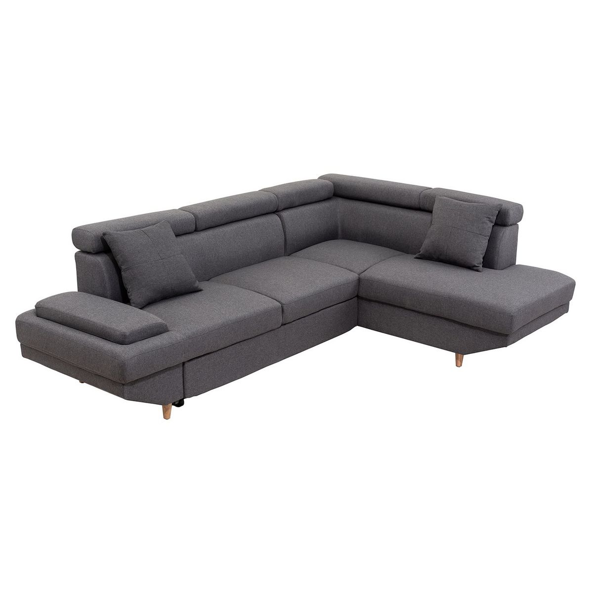 Canapé d'angle droit convertible 5 places tissu pieds bois clair MARIUS 