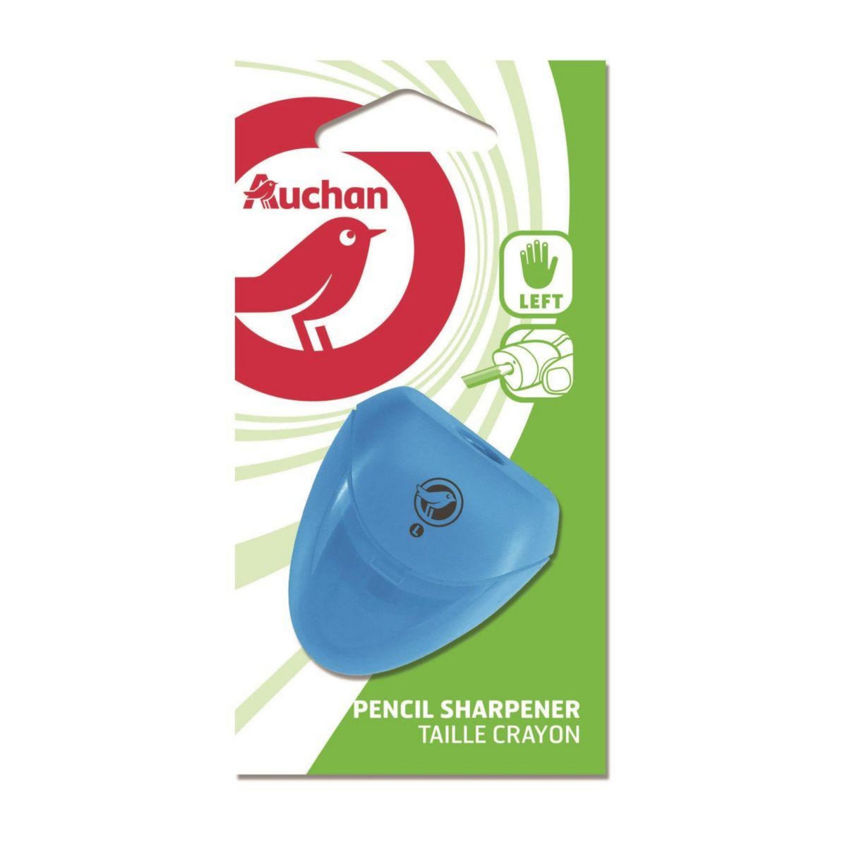 AUCHAN Taille-crayon gaucher 1 trou avec réservoir bleu clair