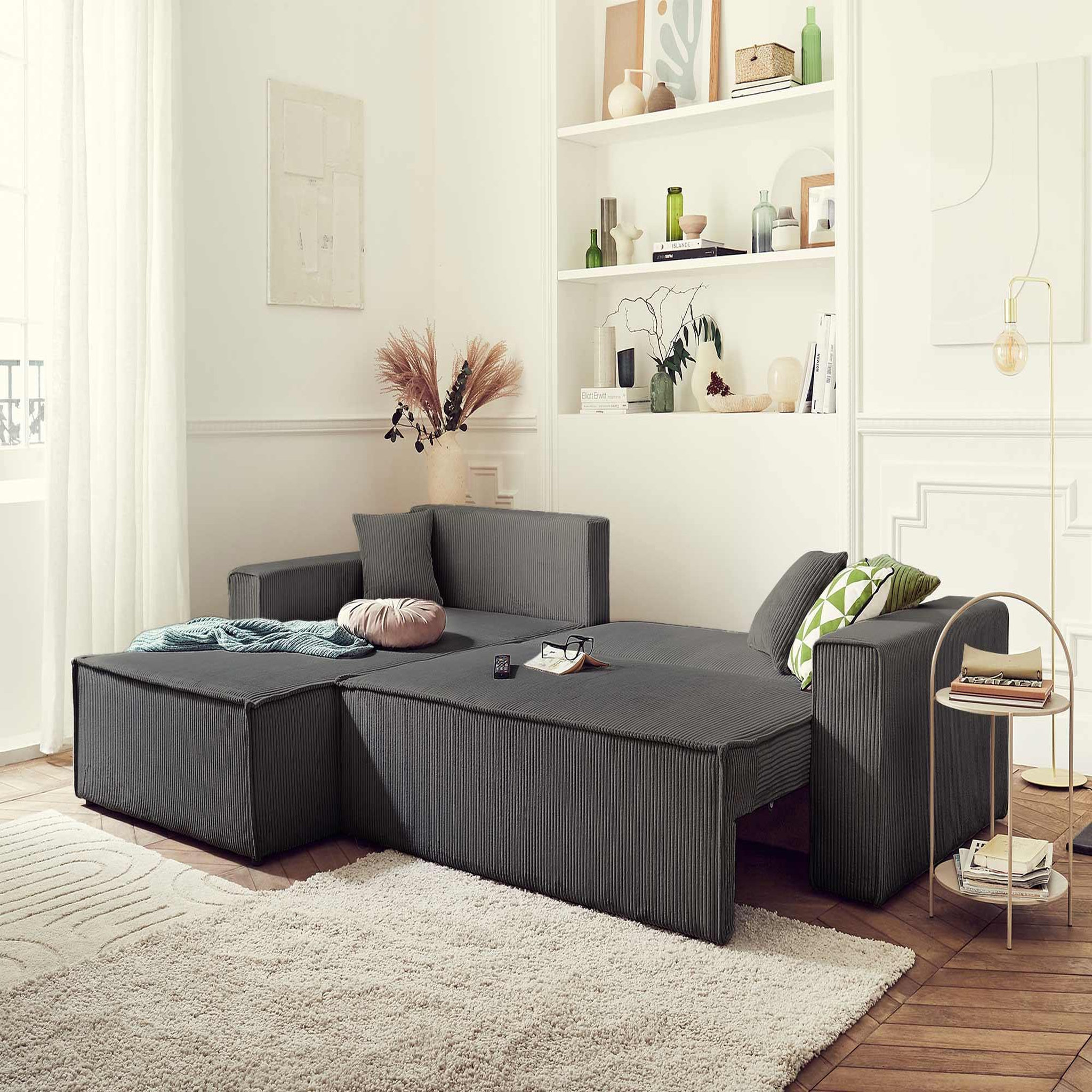Voir la diapositive 2 : BEST MOBILIER Dellia - canapé d'angle réversible convertible - avec coffre - en velours côtelé - 4 places