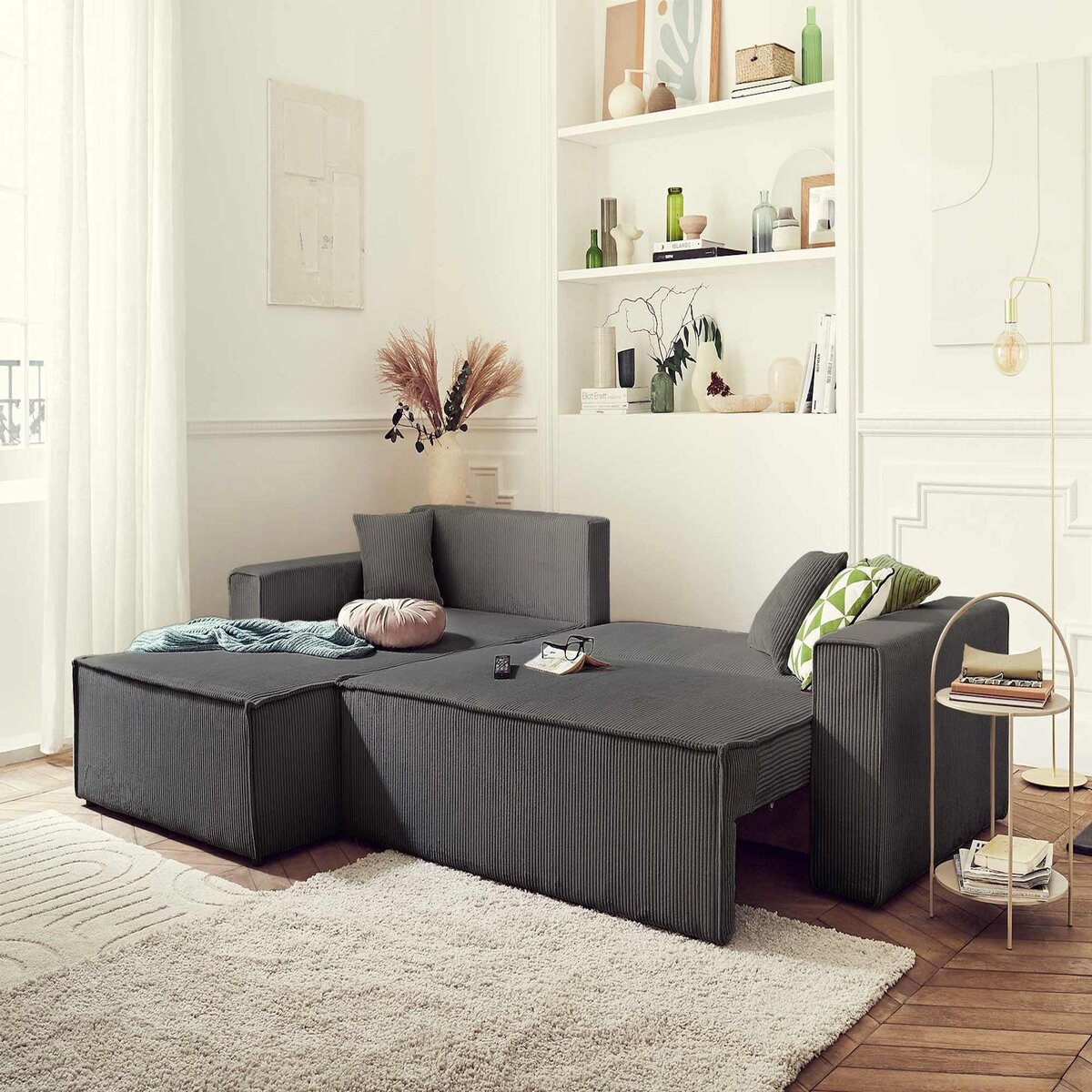 BEST MOBILIER Dellia - canapé d'angle réversible convertible - avec coffre - en velours côtelé - 4 places