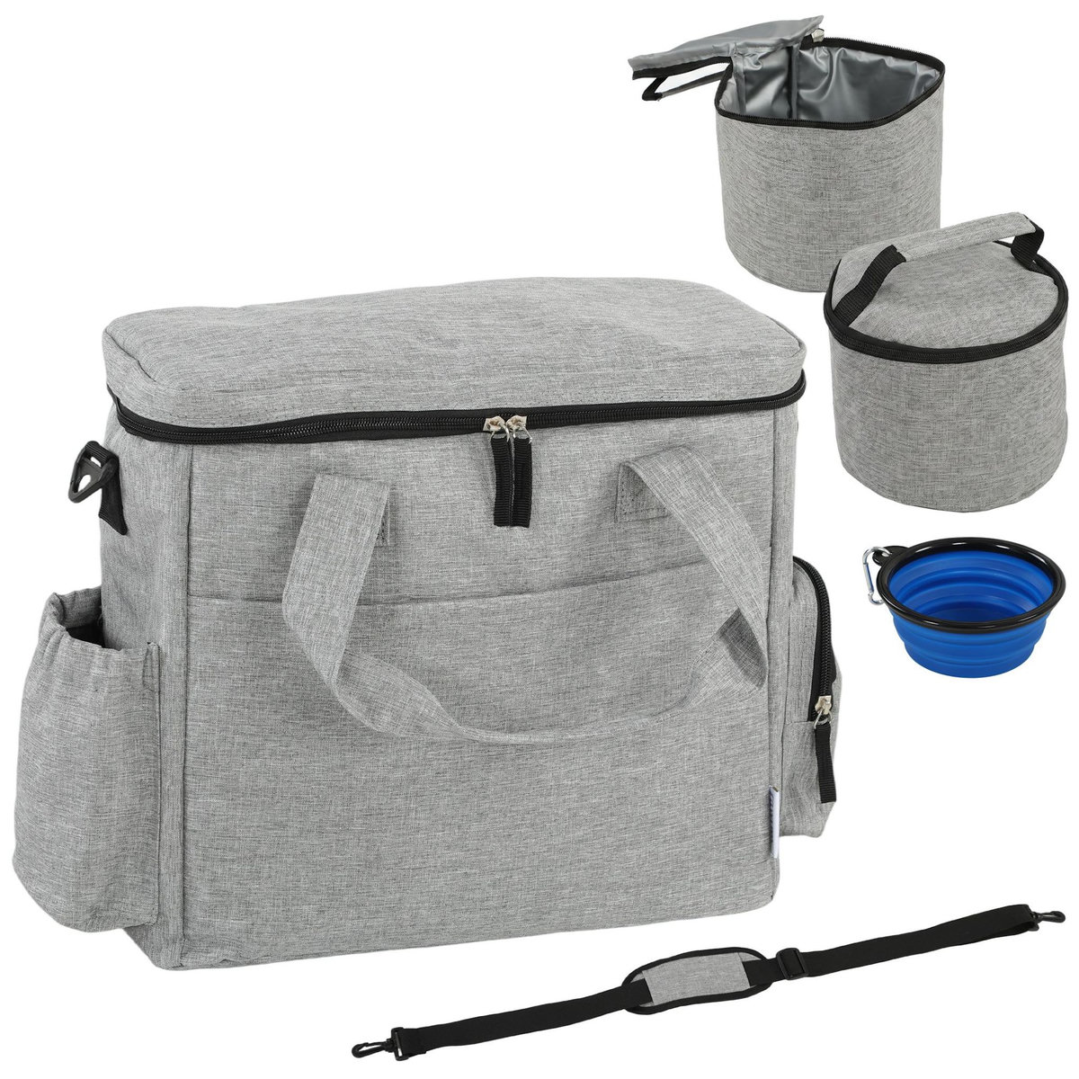PAWHUT Sac à friandises et croquettes pour chien 2 paniers bol pliable silicone gris clair