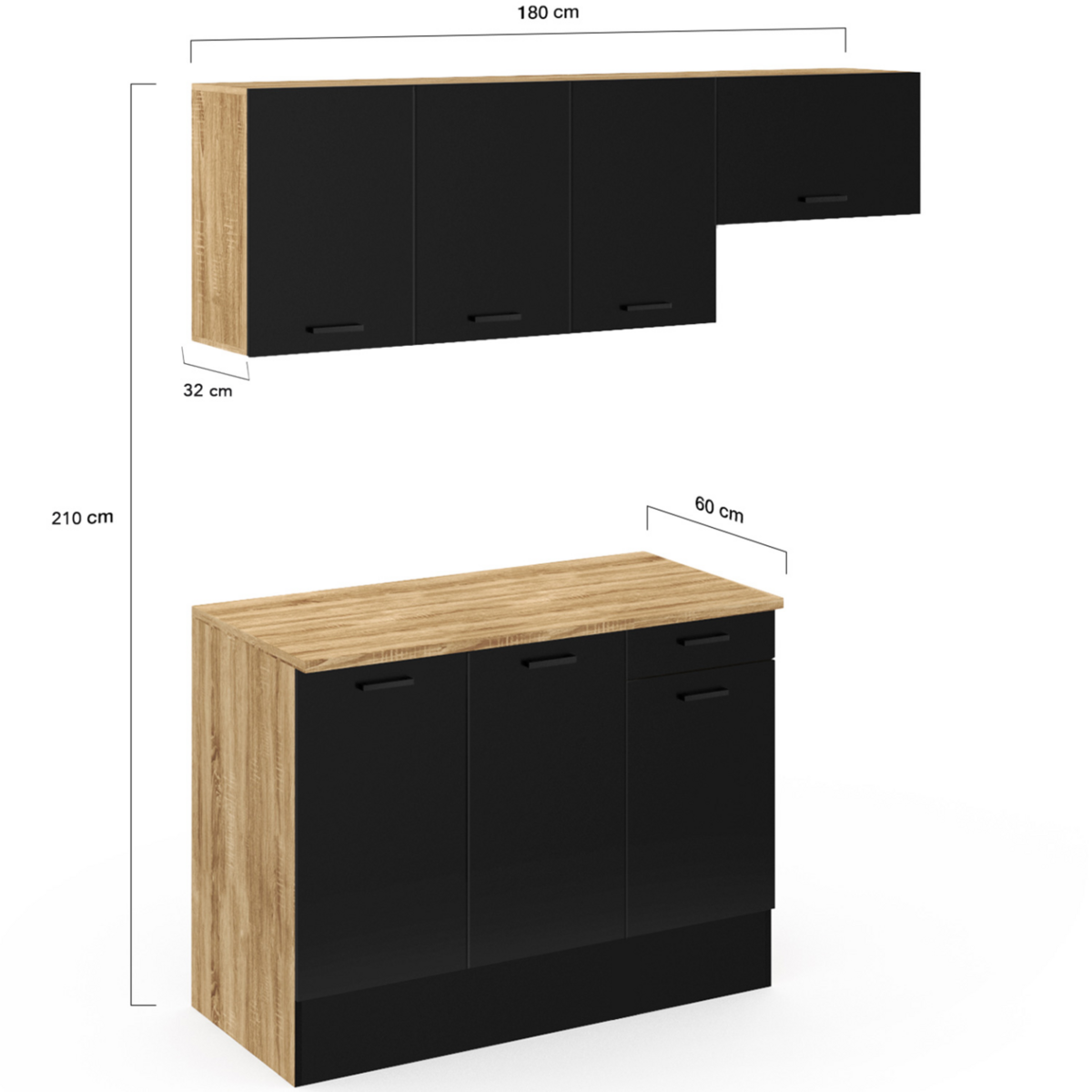 ID MARKET Cuisine complète 180 cm SUBTIL avec plan de travail 5 éléments bois et noir