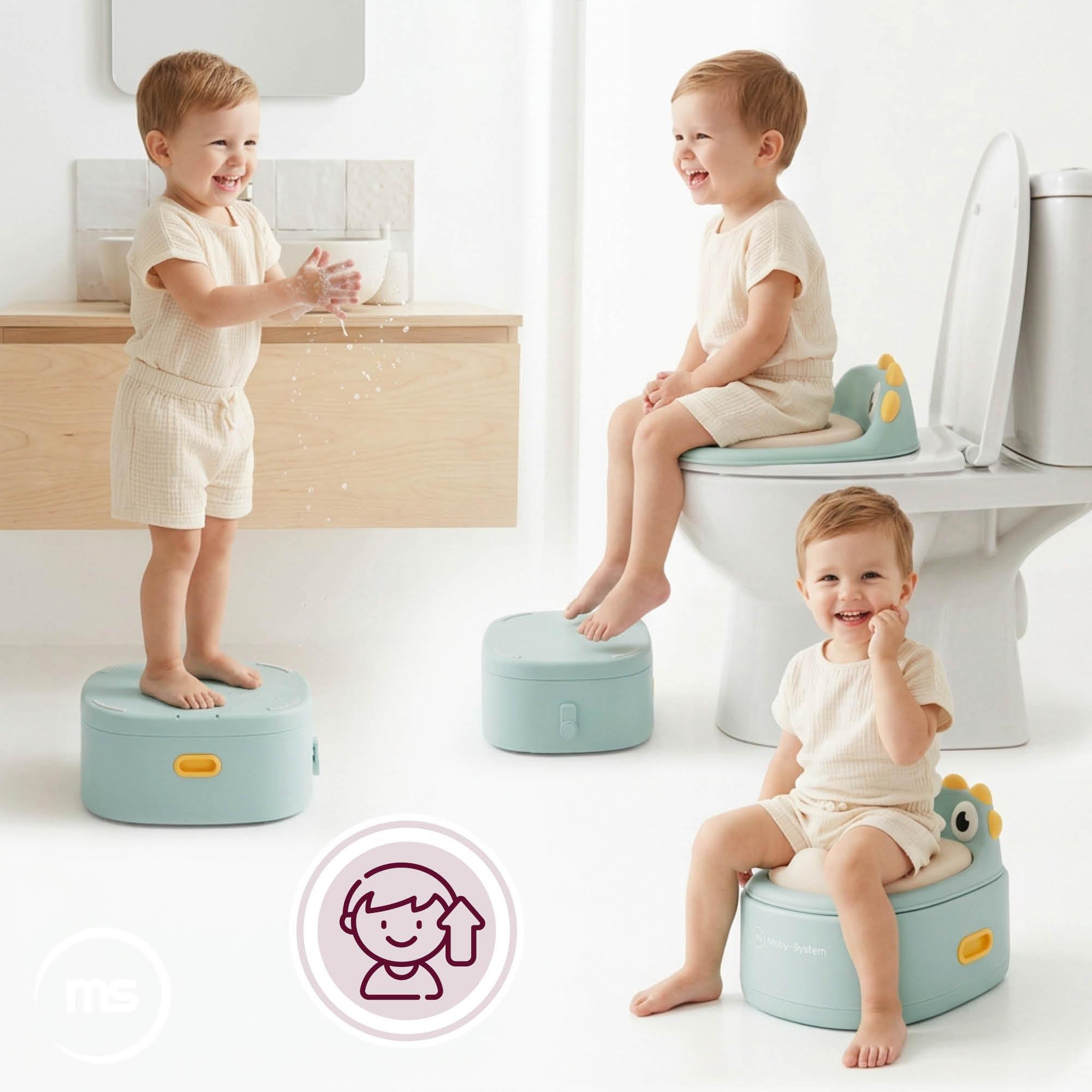 Voir la diapositive 2 : MOBY SYSTEM Pot Évolutif 3 en 1 Réducteur Toilet Marchepied Désign Poussin Moby-System
