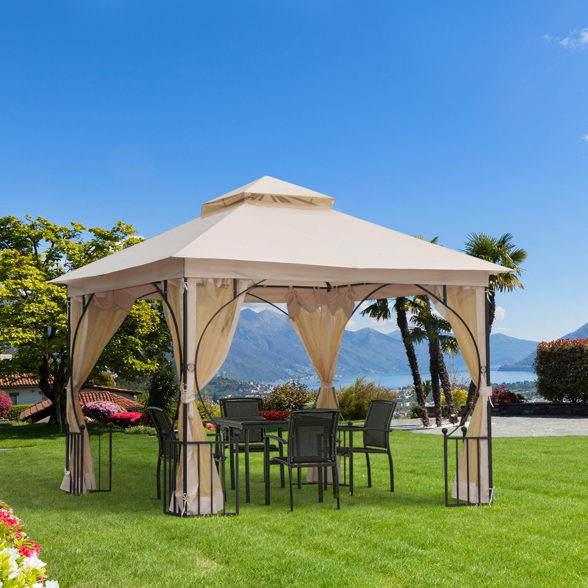 Voir la diapositive 2 : OUTSUNNY Pavillon de jardin tonnelle barnum style colonial double toit toiles moustiquaires amovibles zippées dim. 2,95L x 2,95l x 2,75H m beige noir