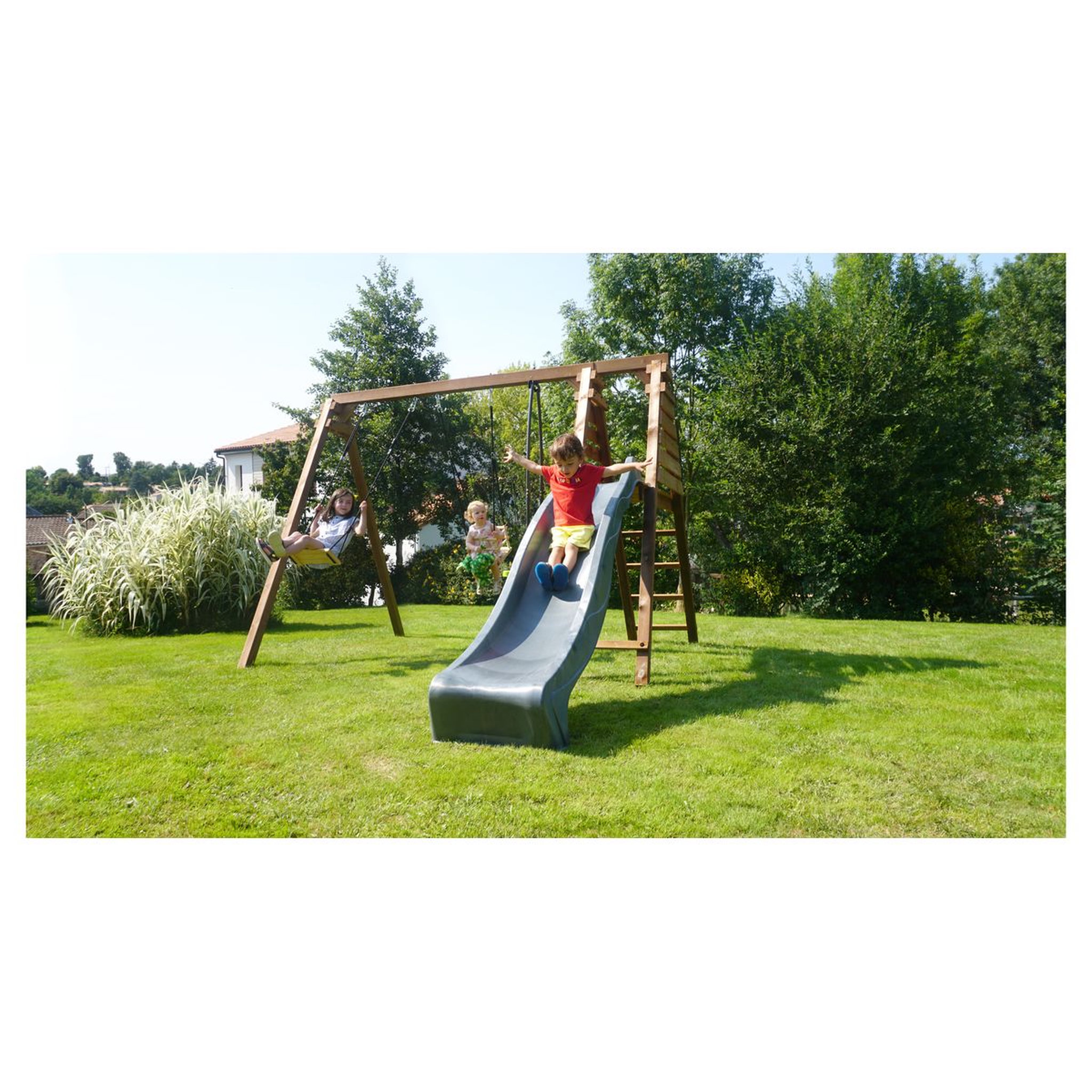 Voir la diapositive 1 : Soulet Portique balançoire avec toboggan - Bois - H2,24 m - TREFLE 