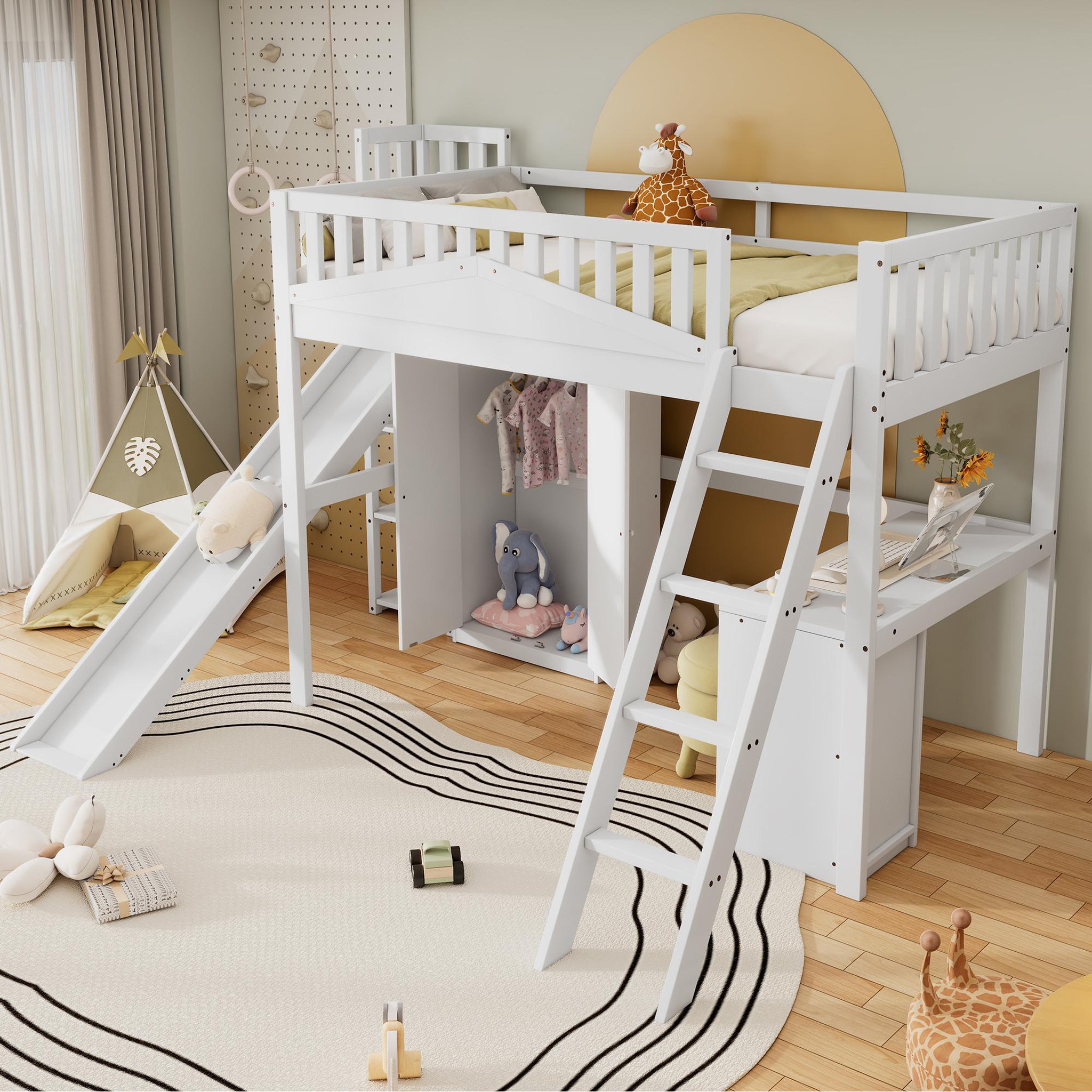 Voir la diapositive 5 : MERAX Lit combiné enfant 90x200cm bois et mdf coloris blanc
