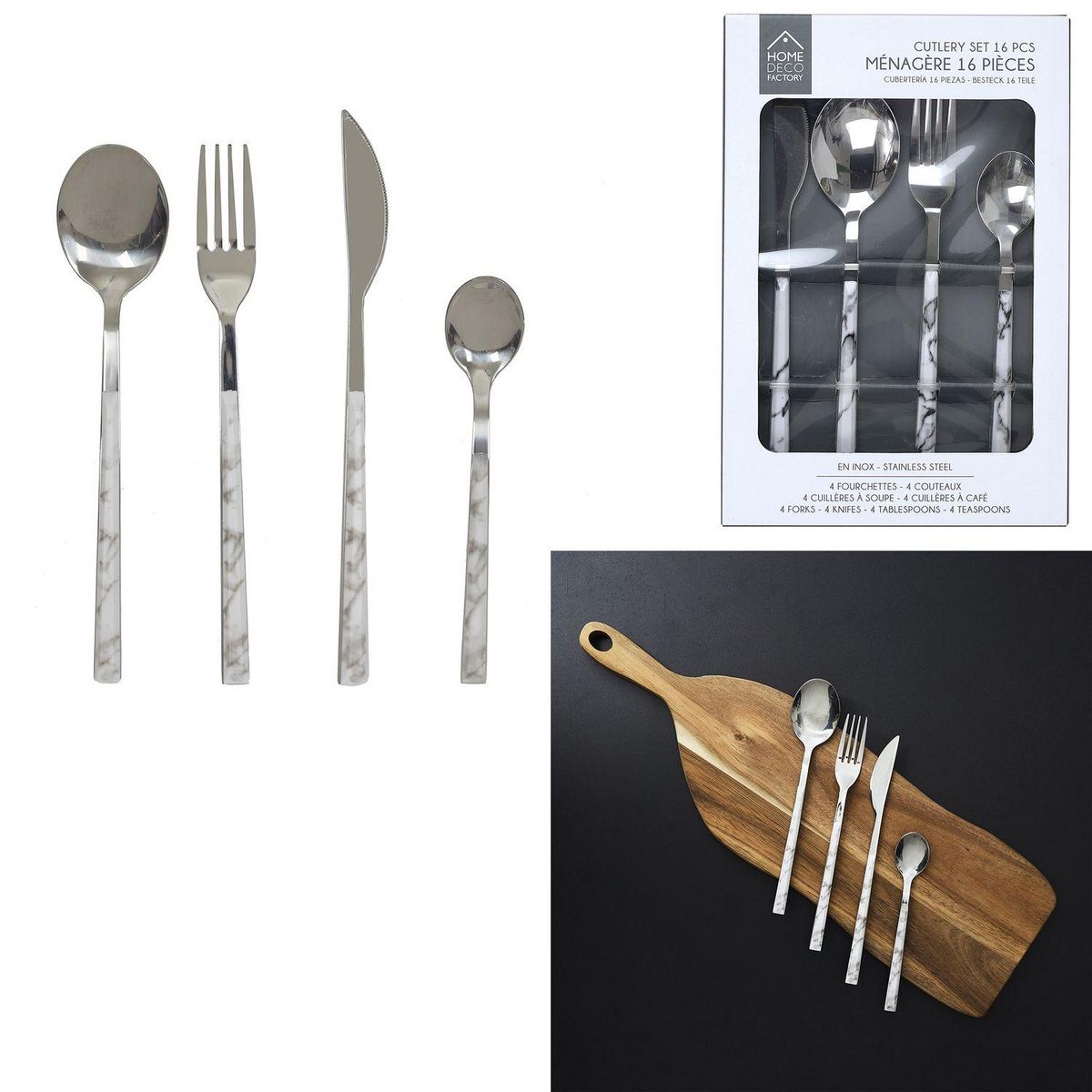 TOILINUX Ménagère 16 pièces effet marbre - Blanc et Noir