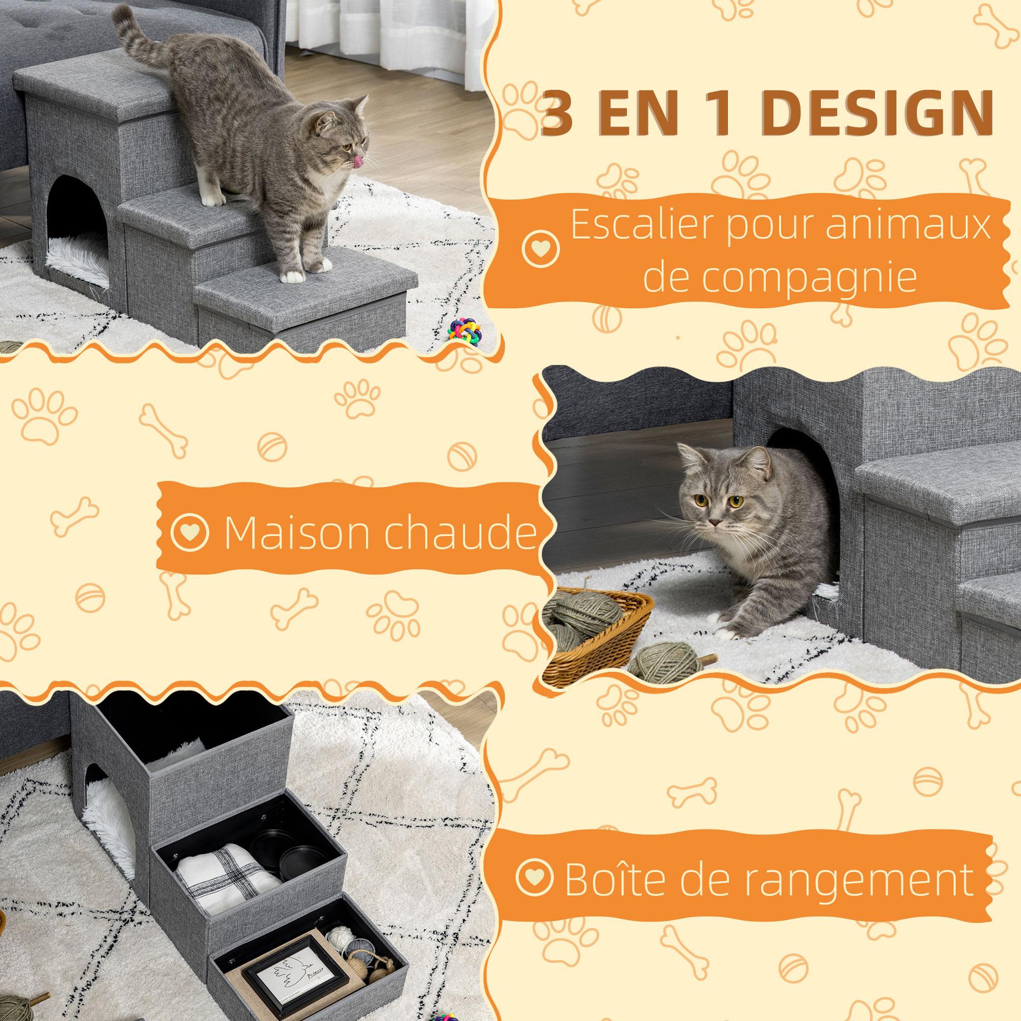 Voir la diapositive 4 : PAWHUT Escalier pour chat chien niche coffre 3 en 1 - 3 marches, coussin inclus - revêtement tissu rembourré doux - structure mdf - gris