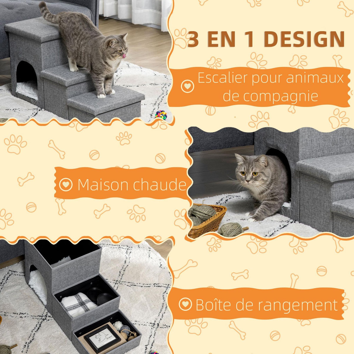 PAWHUT Escalier pour chat chien niche coffre 3 en 1 - 3 marches, coussin inclus - revêtement tissu rembourré doux - structure MDF - gris