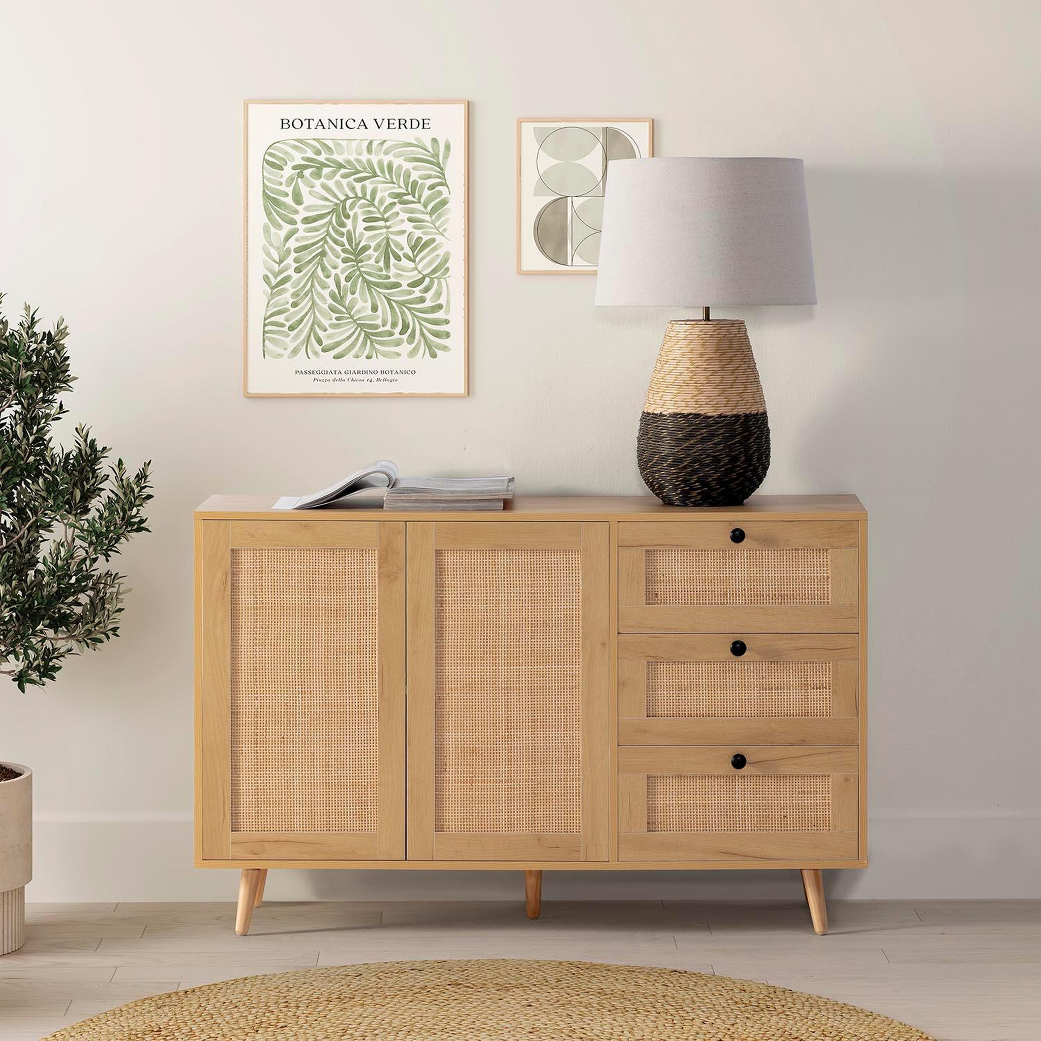 Voir la diapositive 2 : VS VENTA-STOCK Buffet Bella 3 tiroirs et 2 portes en chêne, 120 cm