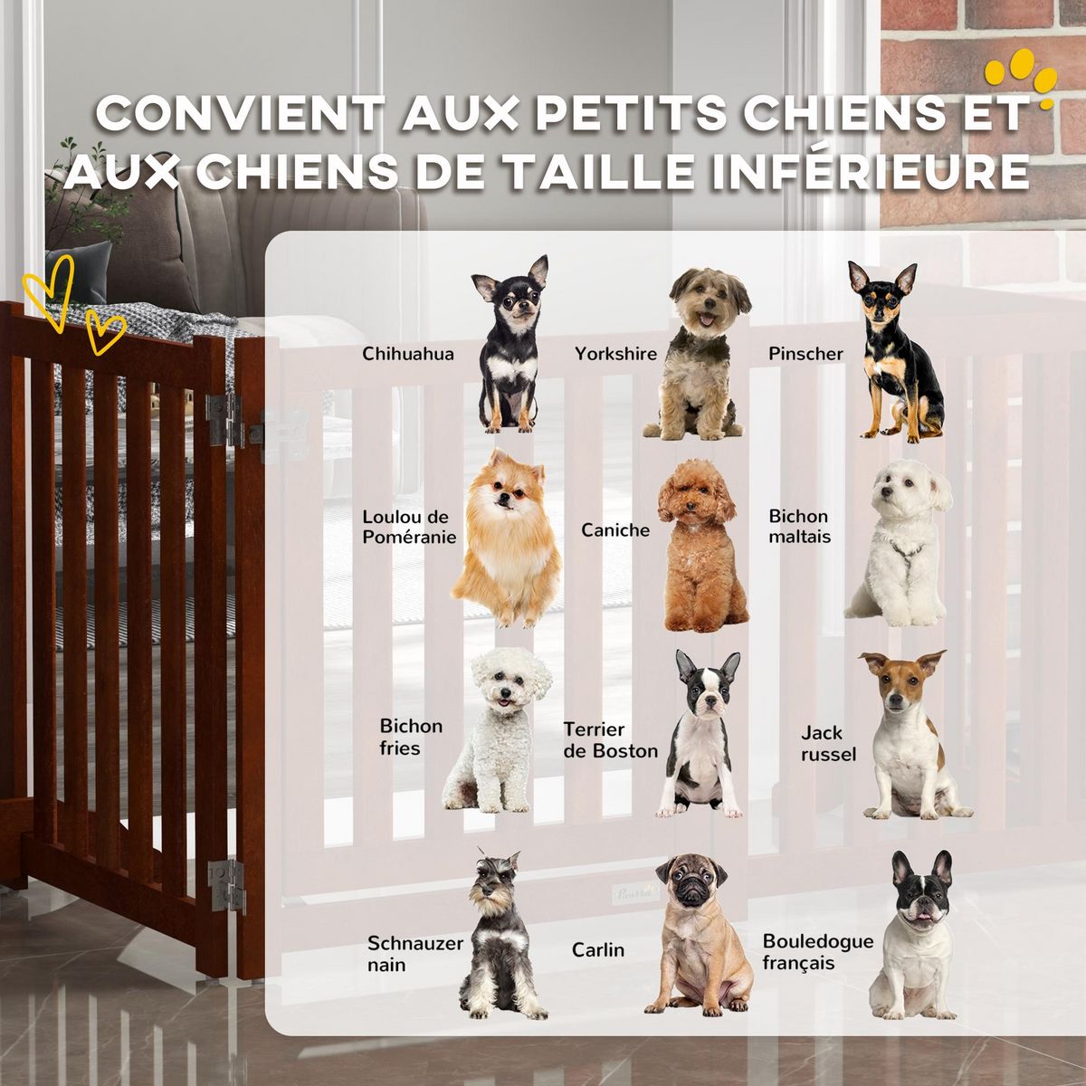 PAWHUT Barrière de sécurité chien pliable modulable autoportante avec porte max. 205 x 60 cm MDF effet acajou