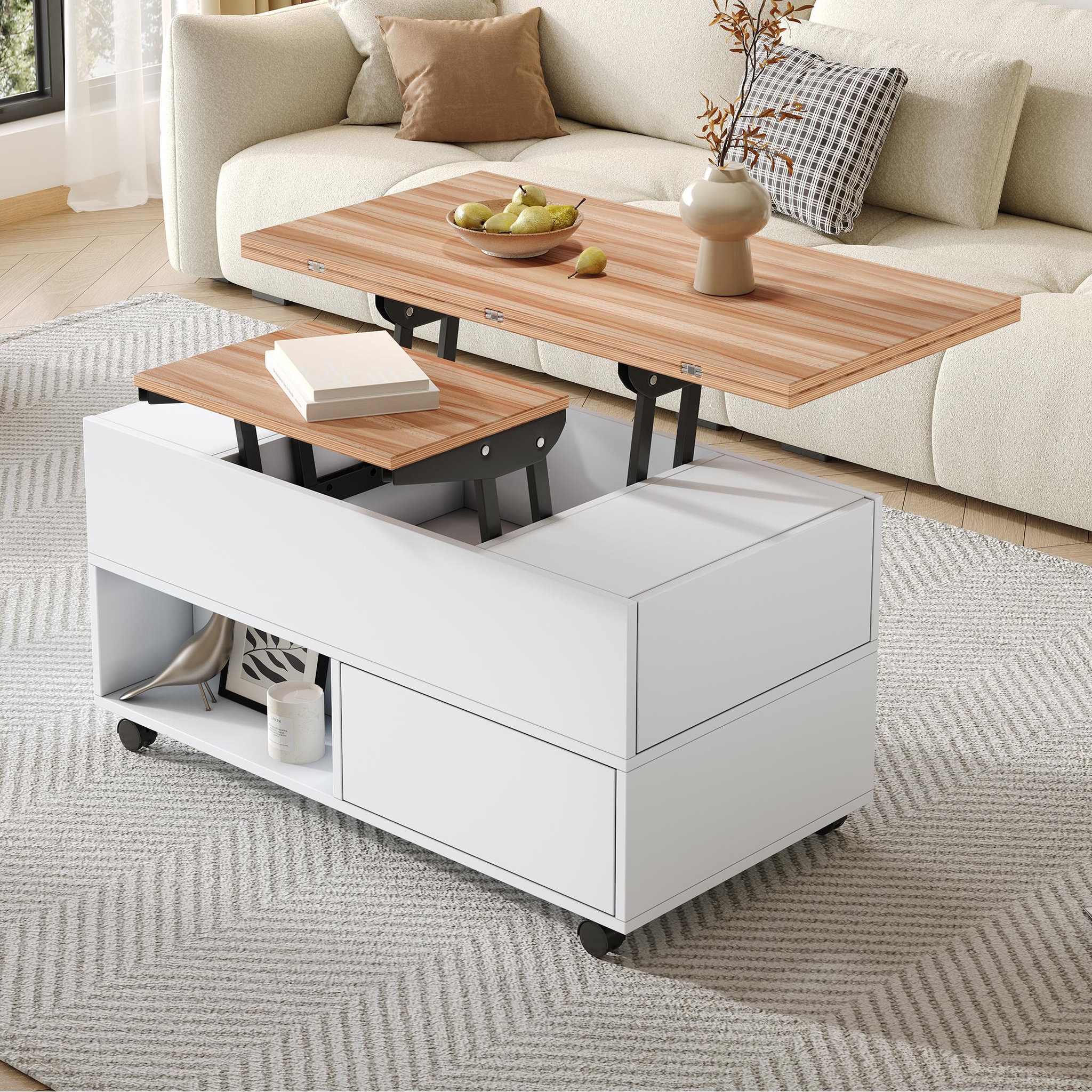 Voir la diapositive 4 : MERAX Table basse relevable rectangulaire blanc+naturel - 50x100 cm panneau de particules