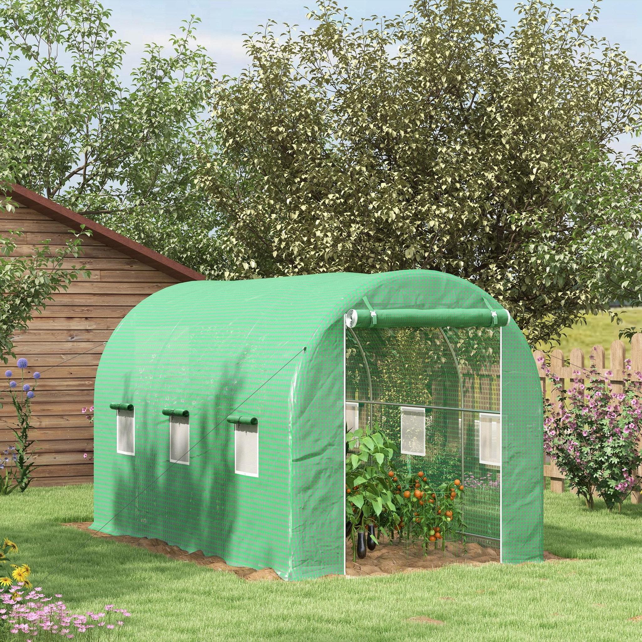 Voir la diapositive 2 : OUTSUNNY Serre de jardin tunnel surface sol 8 m² 4l x 2l x 2,05h m châssis tubulaire renforcé porte zippée 6 fenêtres enroulables vert