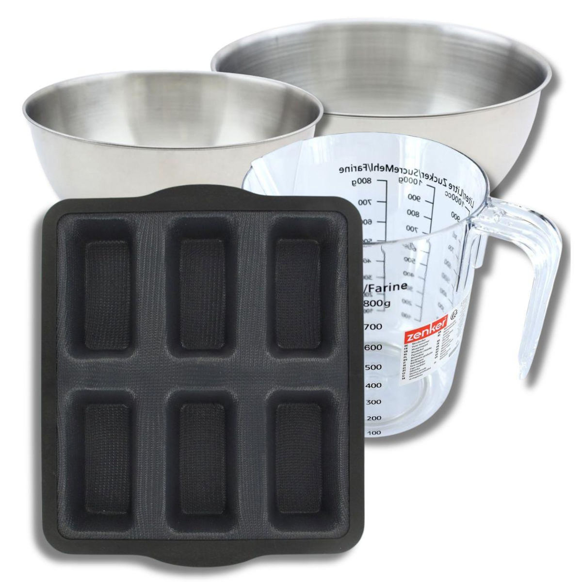 ZENKER Set pâtisserie avec moule à 6 financiers silicone, 2 bols à mixer, verre mesureur et spatule Zenker
