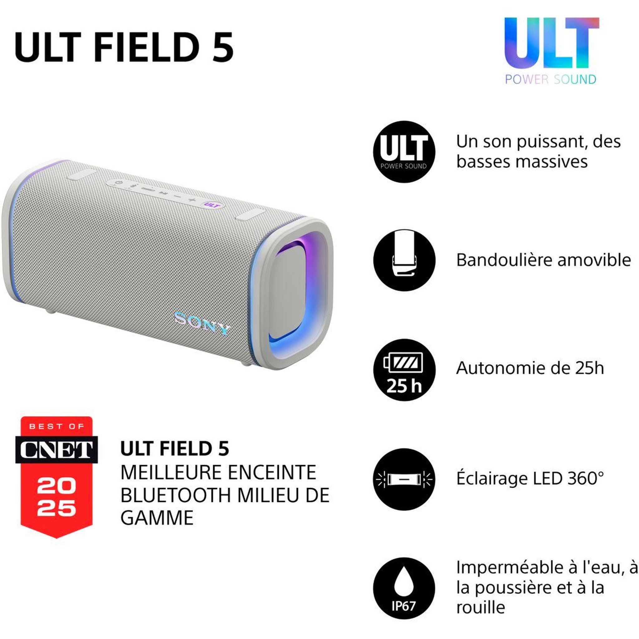Voir la diapositive 3 : SONY Enceinte portable ULT FIELD 5 Blanc minéral