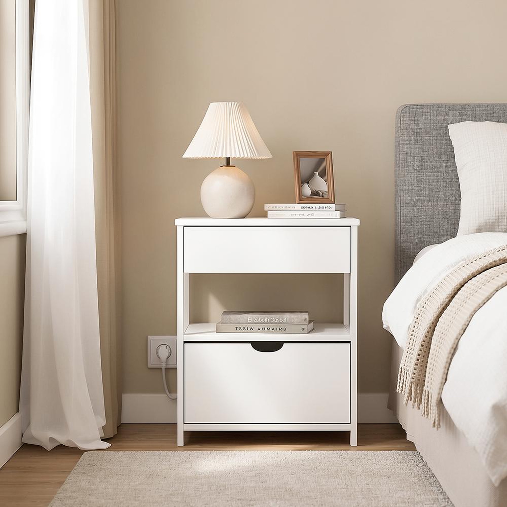 Voir la diapositive 6 : SOBUY Chevet blanc 2 tiroirs avec prise USB 45x38x55 cm FRG258-II-E-W