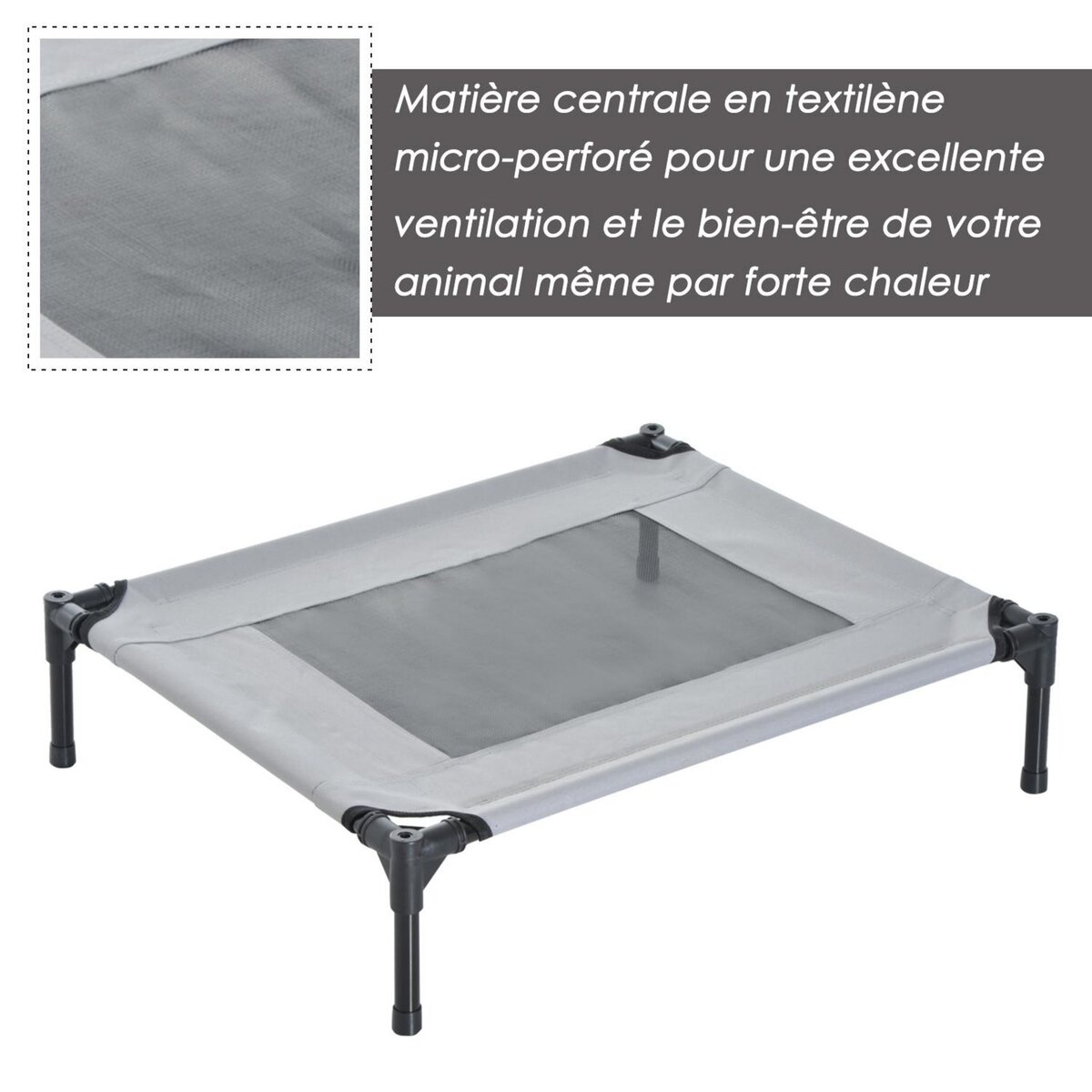 PAWHUT Lit pour chien chat sur pieds lit de camp lit surélevé rafraîchissant velum anti-UV Oxford micro-perforé parasol et sac de transport inclus dim. 61L x 46l x 61H cm gris noir