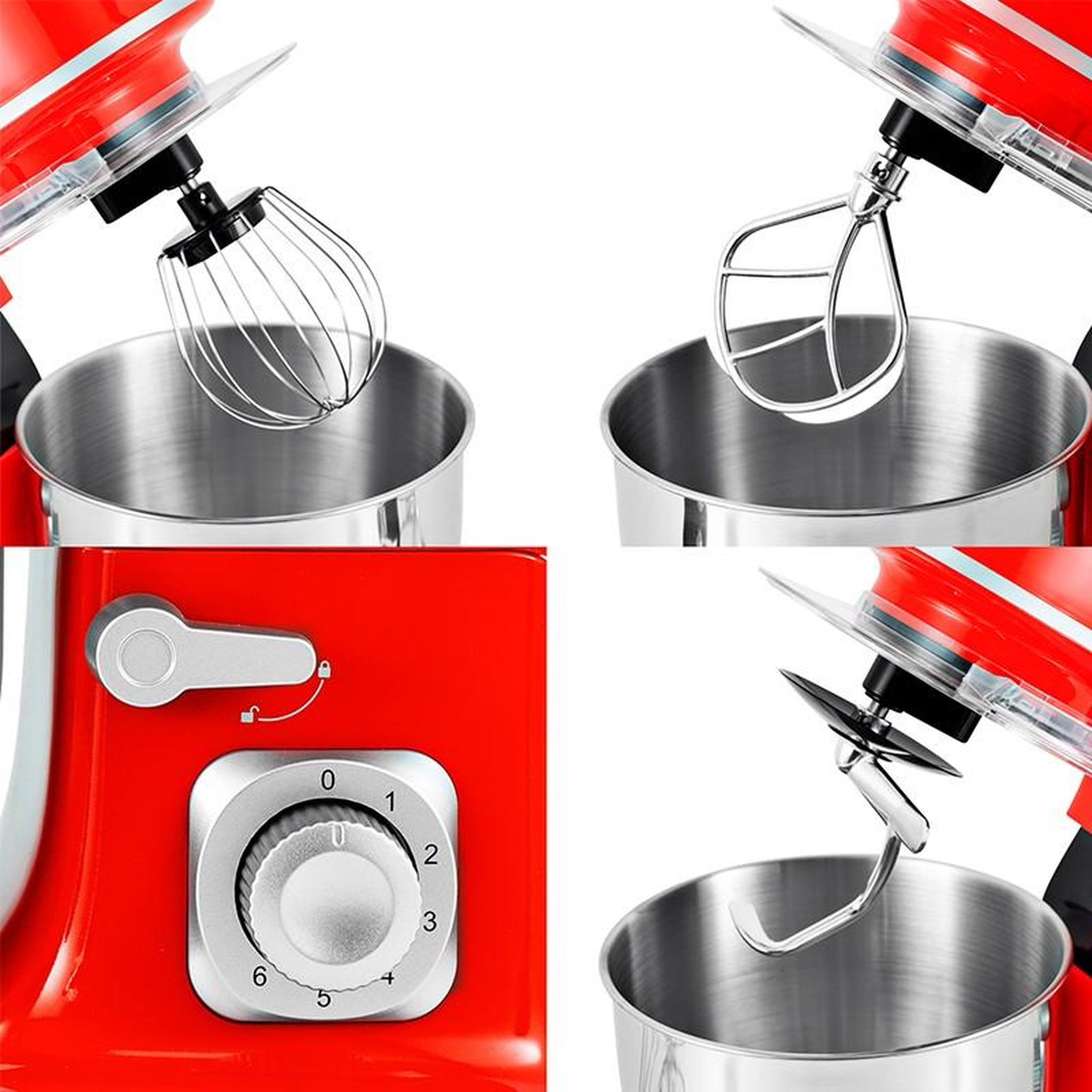 Voir la diapositive 2 : KITCHENCOOK Kitchencook - robot pétrin 5l - 1300w - 6 intensités - bol amovible acier inoxydable - crochet à pâte - fouet à fils - rouge