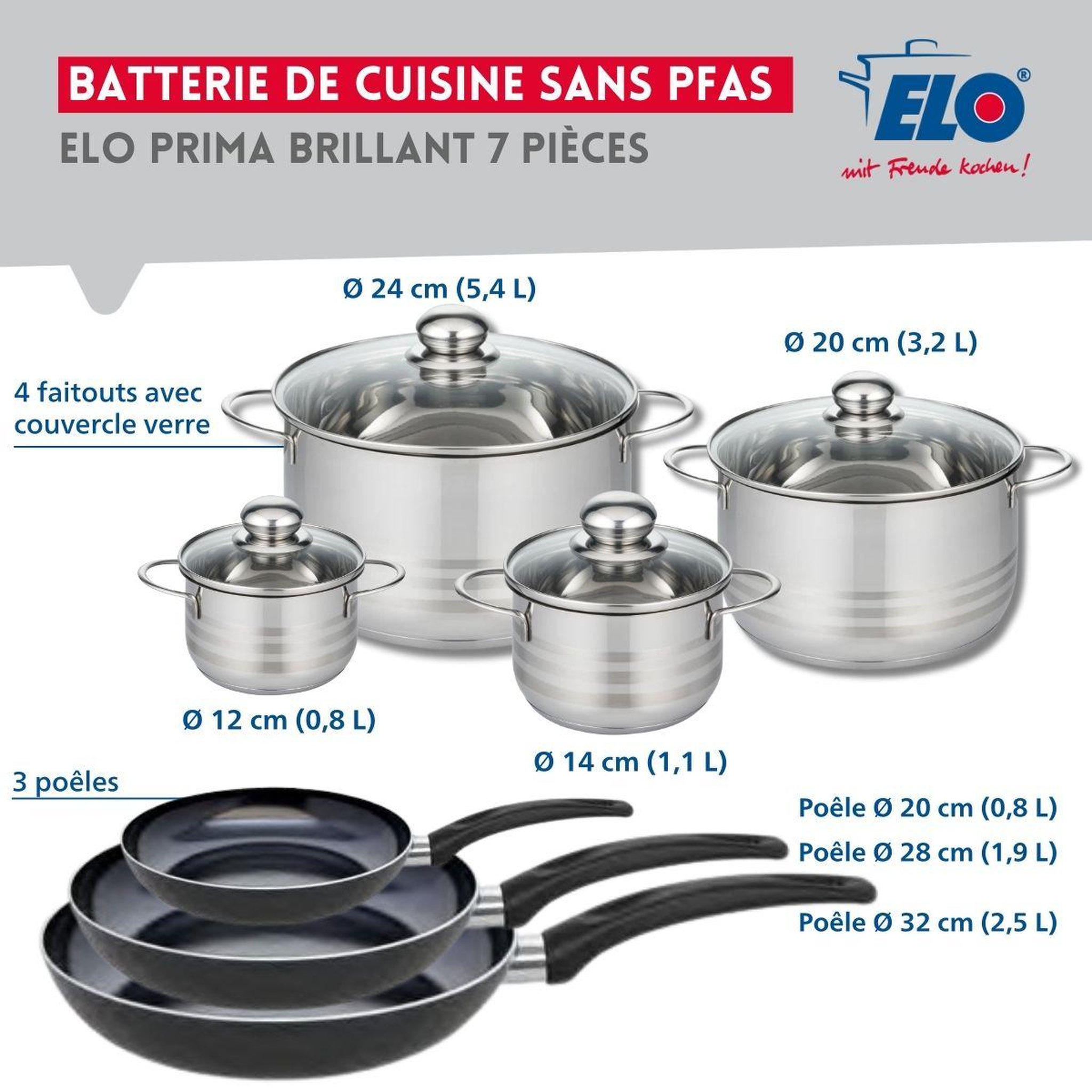 Voir la diapositive 2 : ELO Ensemble de 3 poêles de cuisson 20, 28 et 32 cm et 4 faitouts 12, 14, 20 et 24 cm elo prima brillant