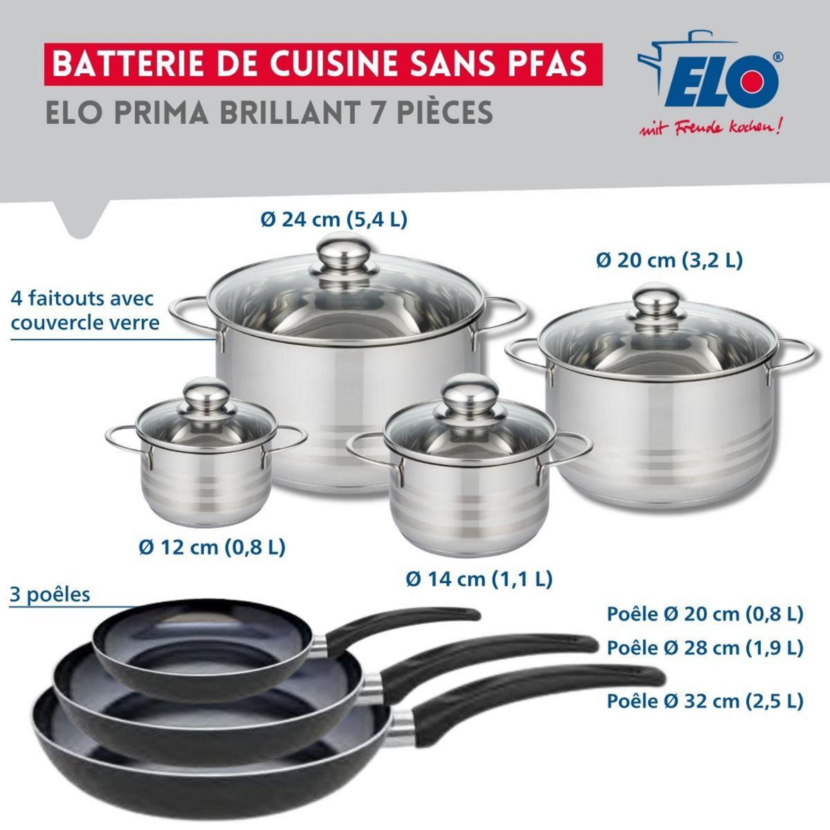 ELO Ensemble de 3 Poêles de cuisson 20, 28 et 32 cm et 4 faitouts 12, 14, 20 et 24 cm Elo Prima Brillant