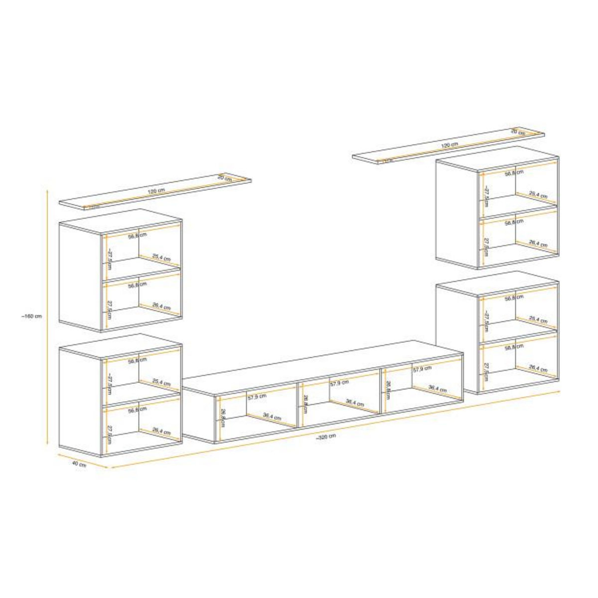 Paris Prix Meuble TV Mural Design  Switch IV  320cm Naturel & Gris