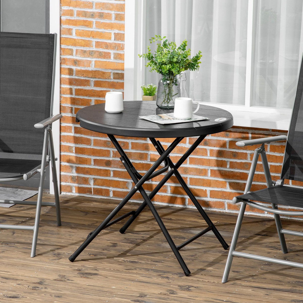 OUTSUNNY Table de jardin pliable 4 personnes table ronde pliante Ø 80 cm acier époxy plateau HDPE aspect bois gris