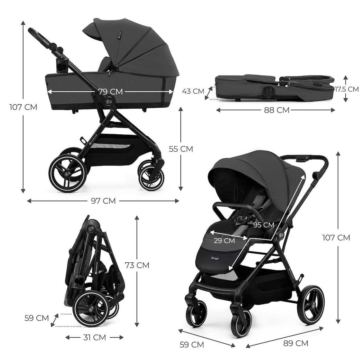 KINDERKRAFT Poussette 2 en 1 avec nacelle, roues anti-crevaison et accessoires