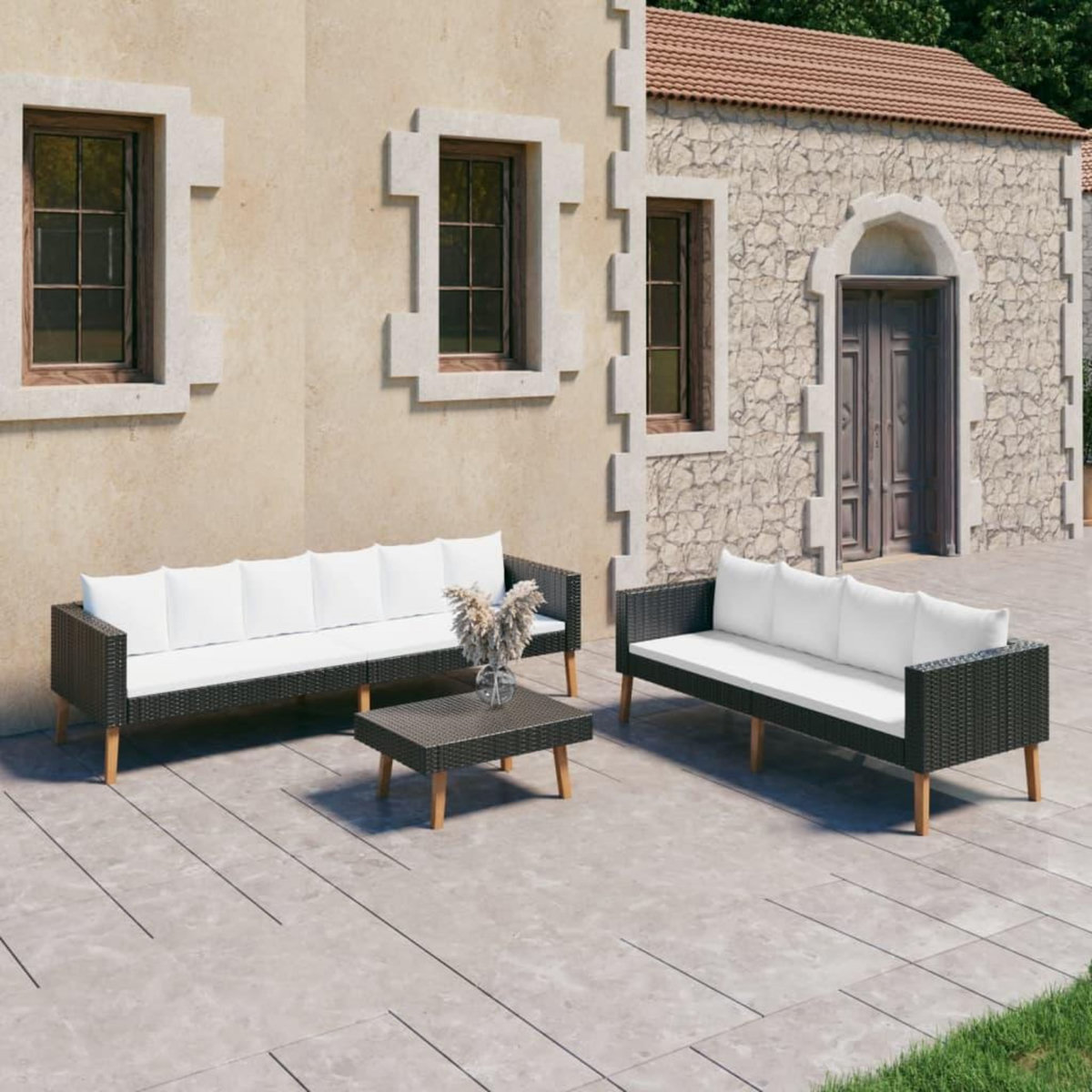 VIDAXL Salon de jardin 3 pcs avec coussins Resine tressee Noir