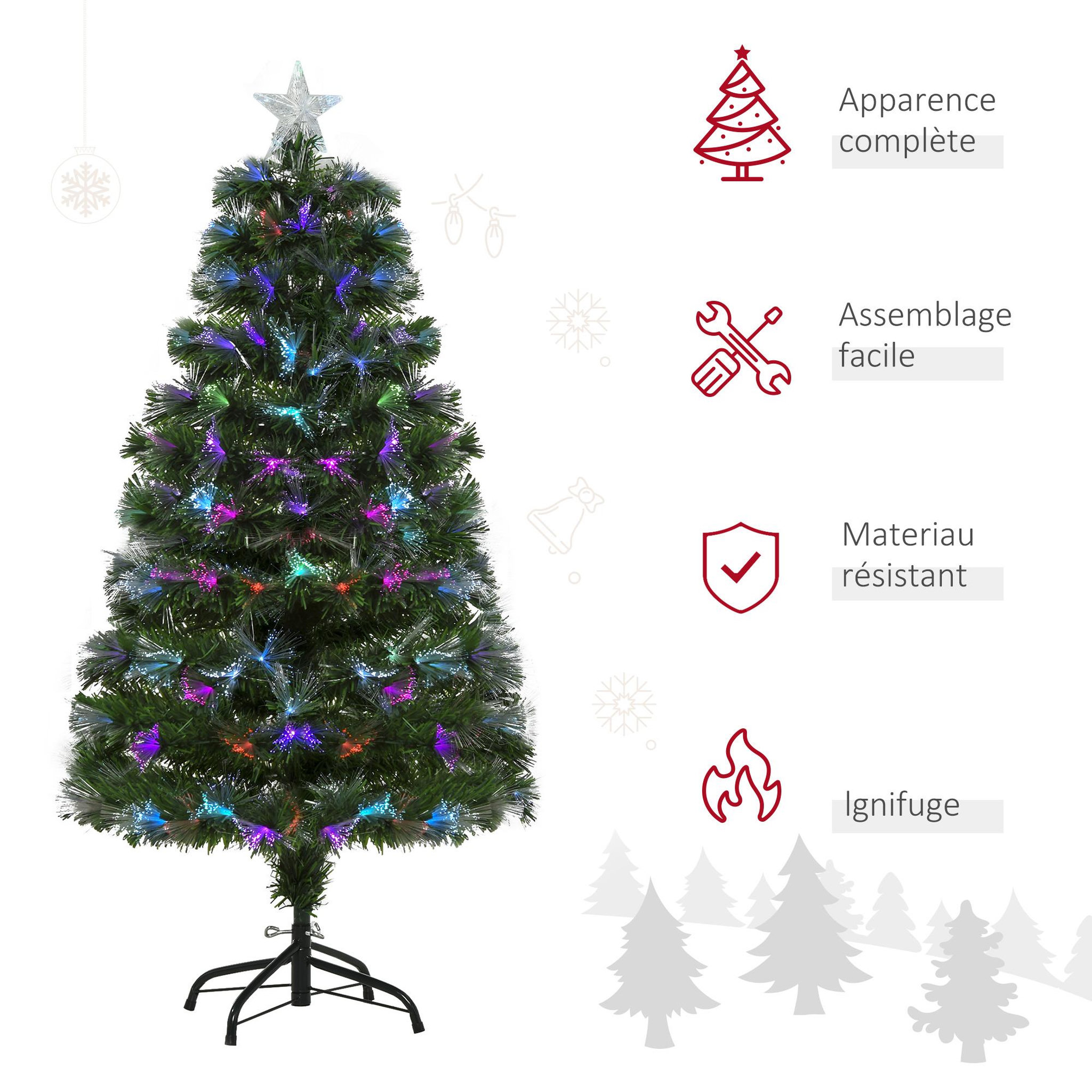 Voir la diapositive 5 : HOMCOM Sapin de Noël artificiel lumineux fibre optique LED multicolore + support pied Ø 66 x 120H cm 130 branches étoile sommet brillante vert
