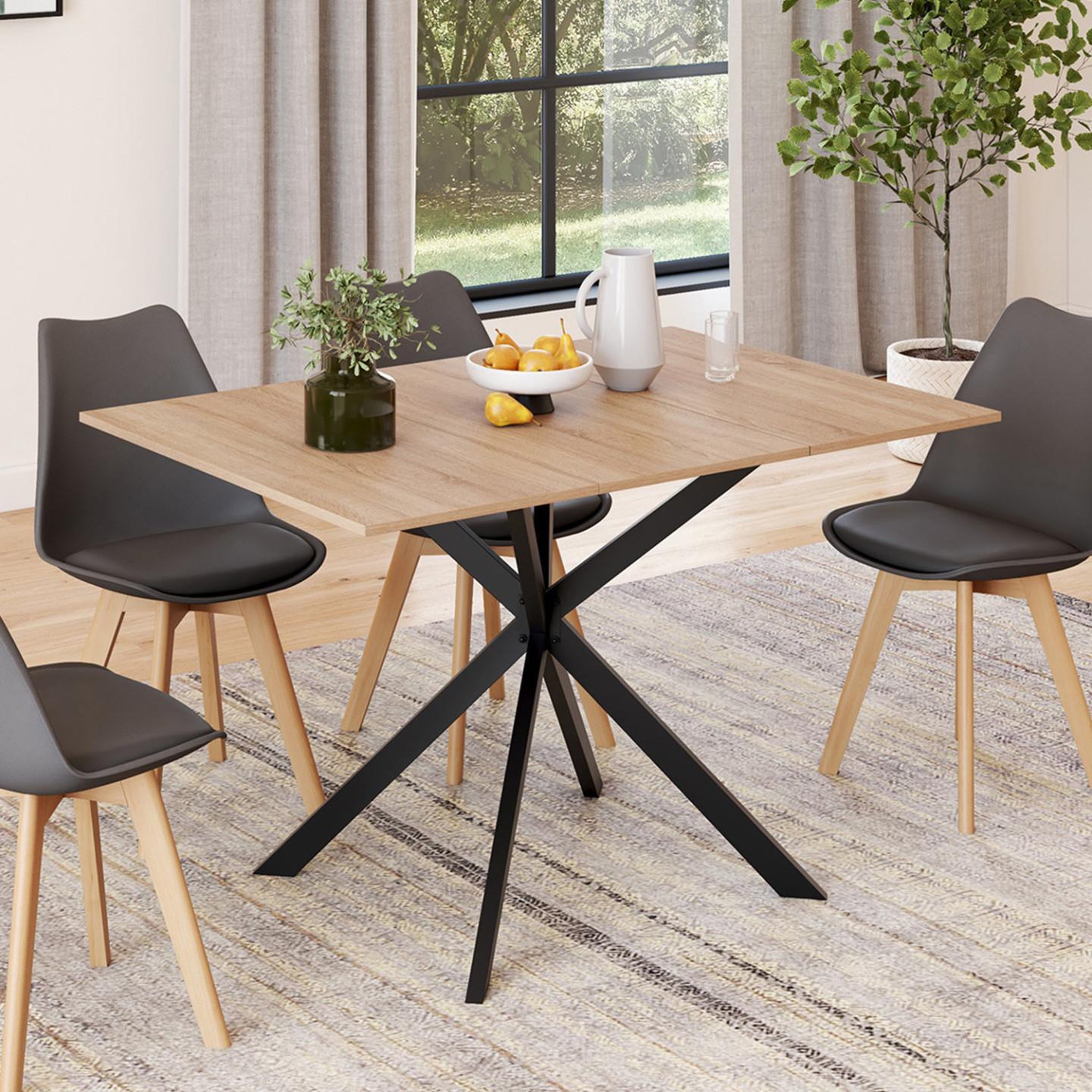 Voir la diapositive 2 : ID MARKET Table à manger extensible carrée alix 4-6 personnes pied araignée bois et noir 80-120 cm