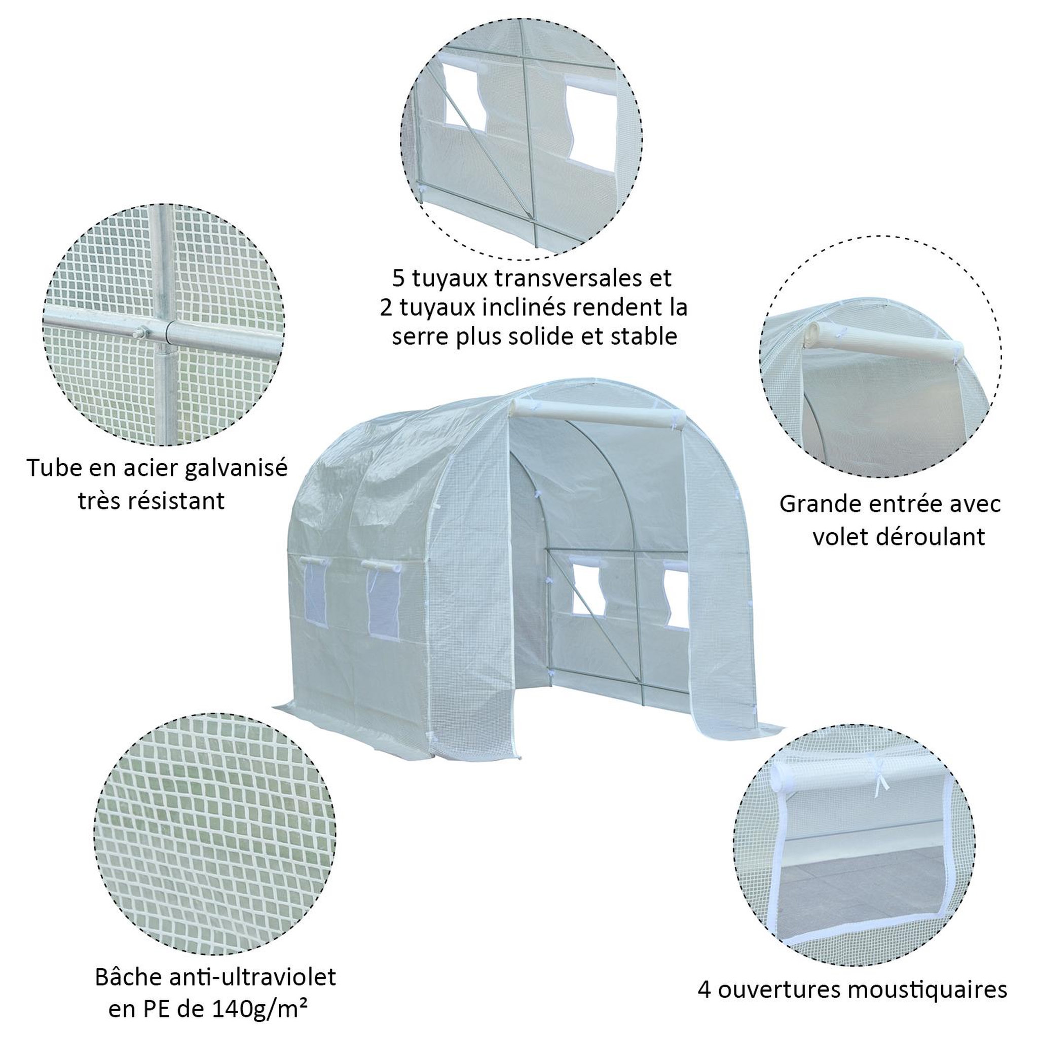 Voir la diapositive 4 : OUTSUNNY Serre de jardin tunnel surface sol 5 m² 2,5L x 2l x 2H m châssis tubulaire renforcé 18 mm 4 fenêtres blanc