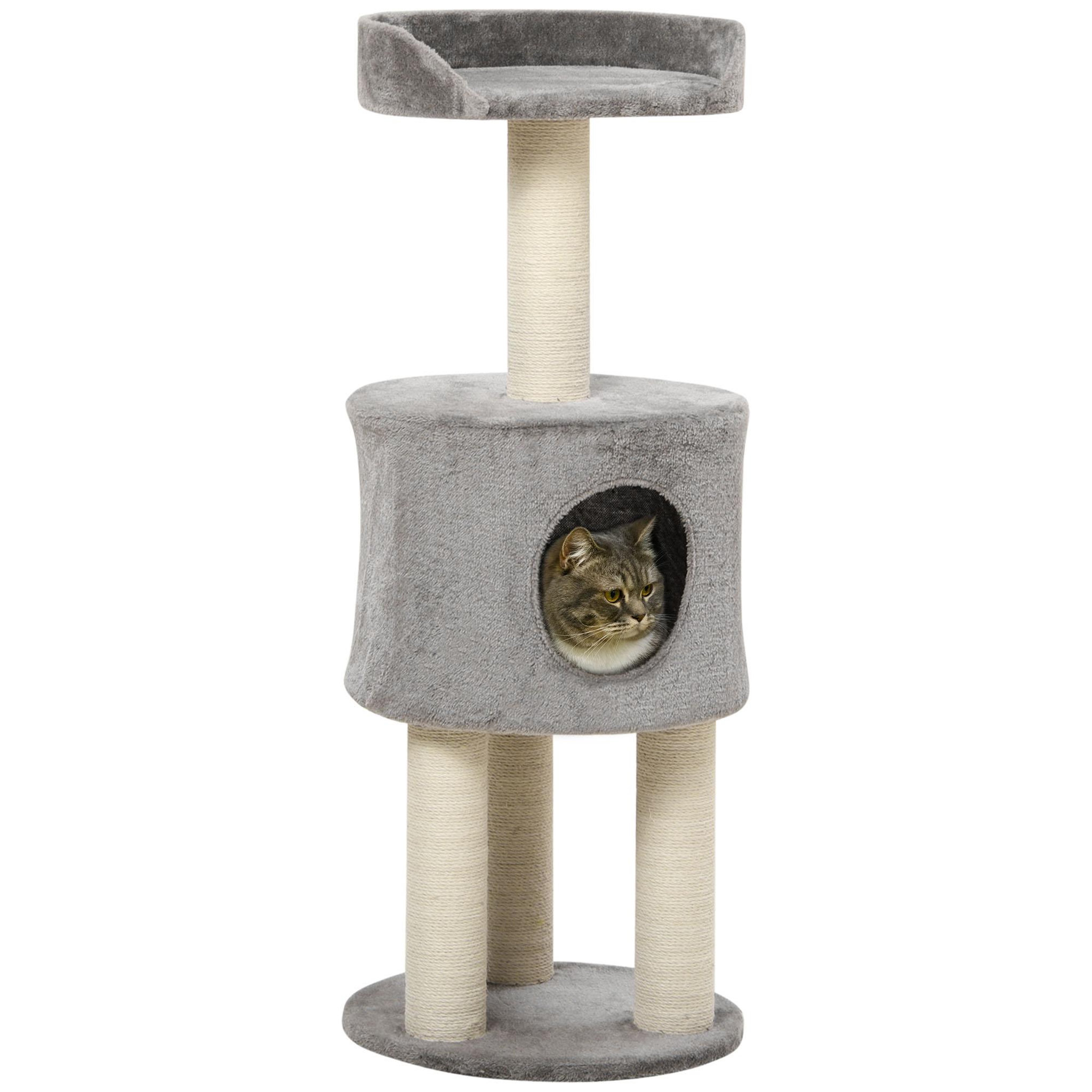 PAWHUT Arbre à chat griffoirs sisal naturel arbre à grimper h.103 cm niche plateforme d'observation peluche grise