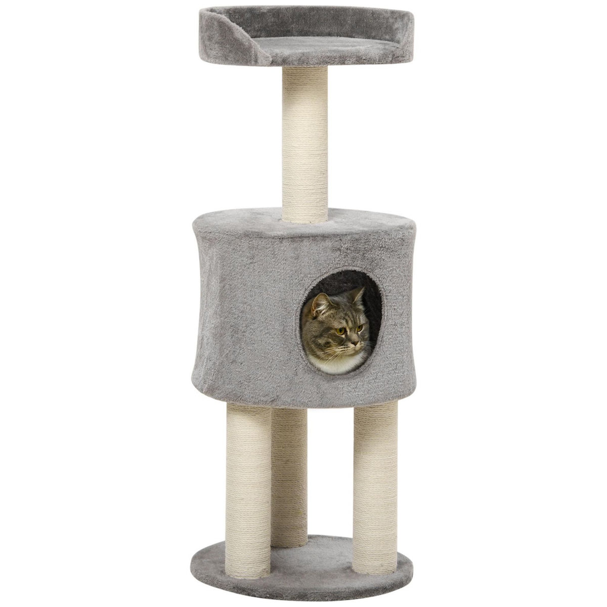 PAWHUT Arbre à chat griffoirs sisal naturel arbre à grimper H.103 cm niche plateforme d'observation peluche grise
