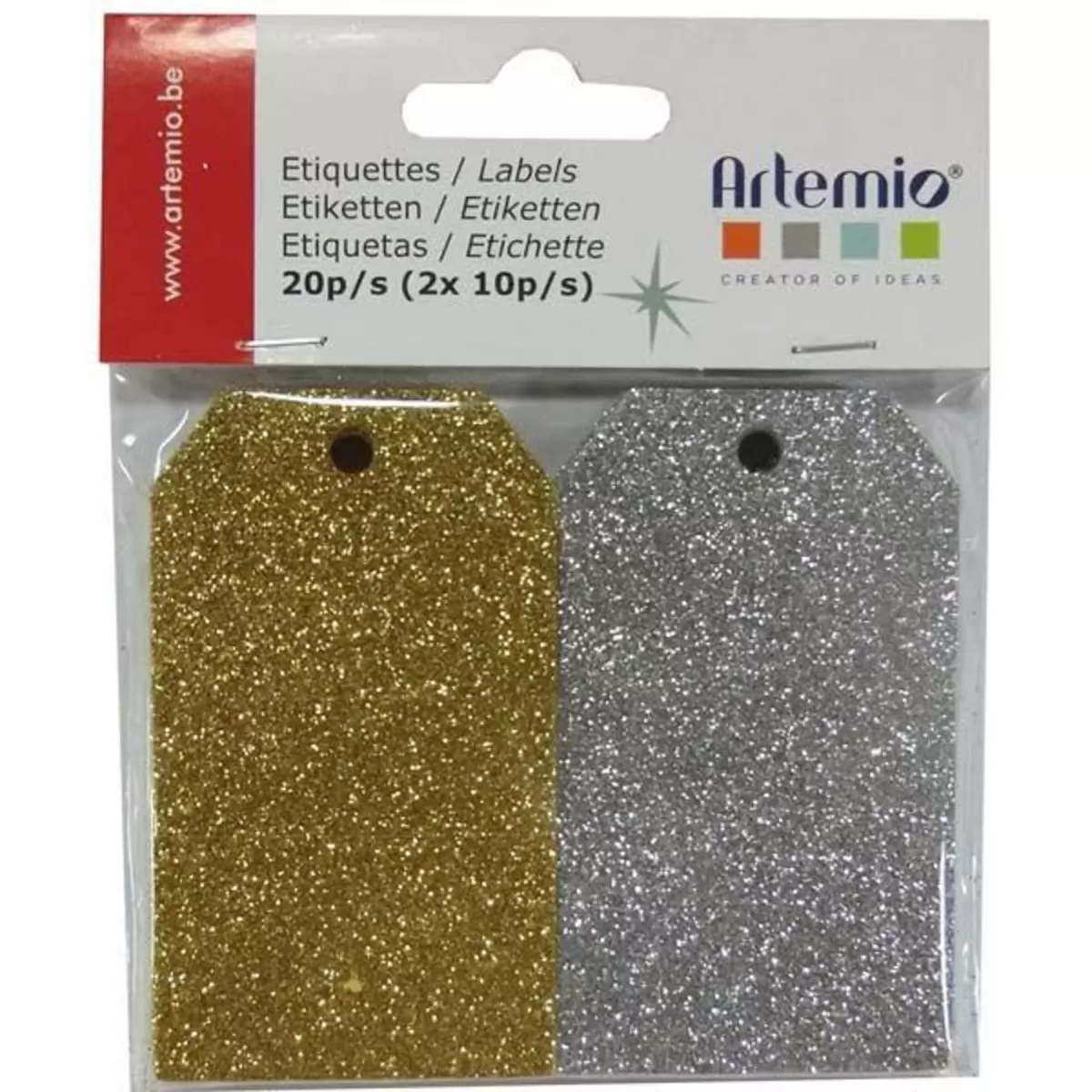 Artemio 20 étiquettes à paillettes dorées & argentées