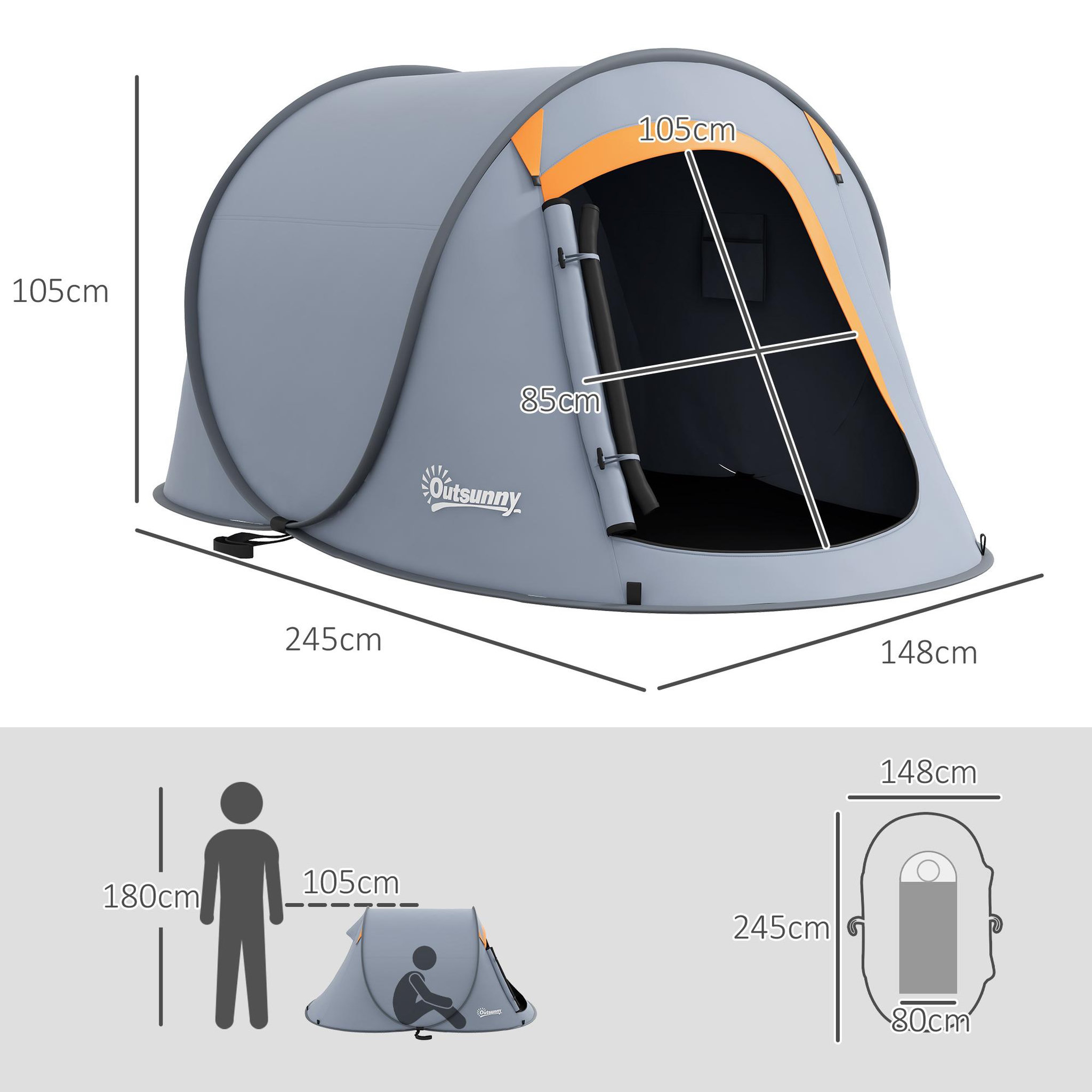 Voir la diapositive 3 : OUTSUNNY Tente de camping automatique pop-up 2-3 pers. Étanchéité 2000 mm sac gris