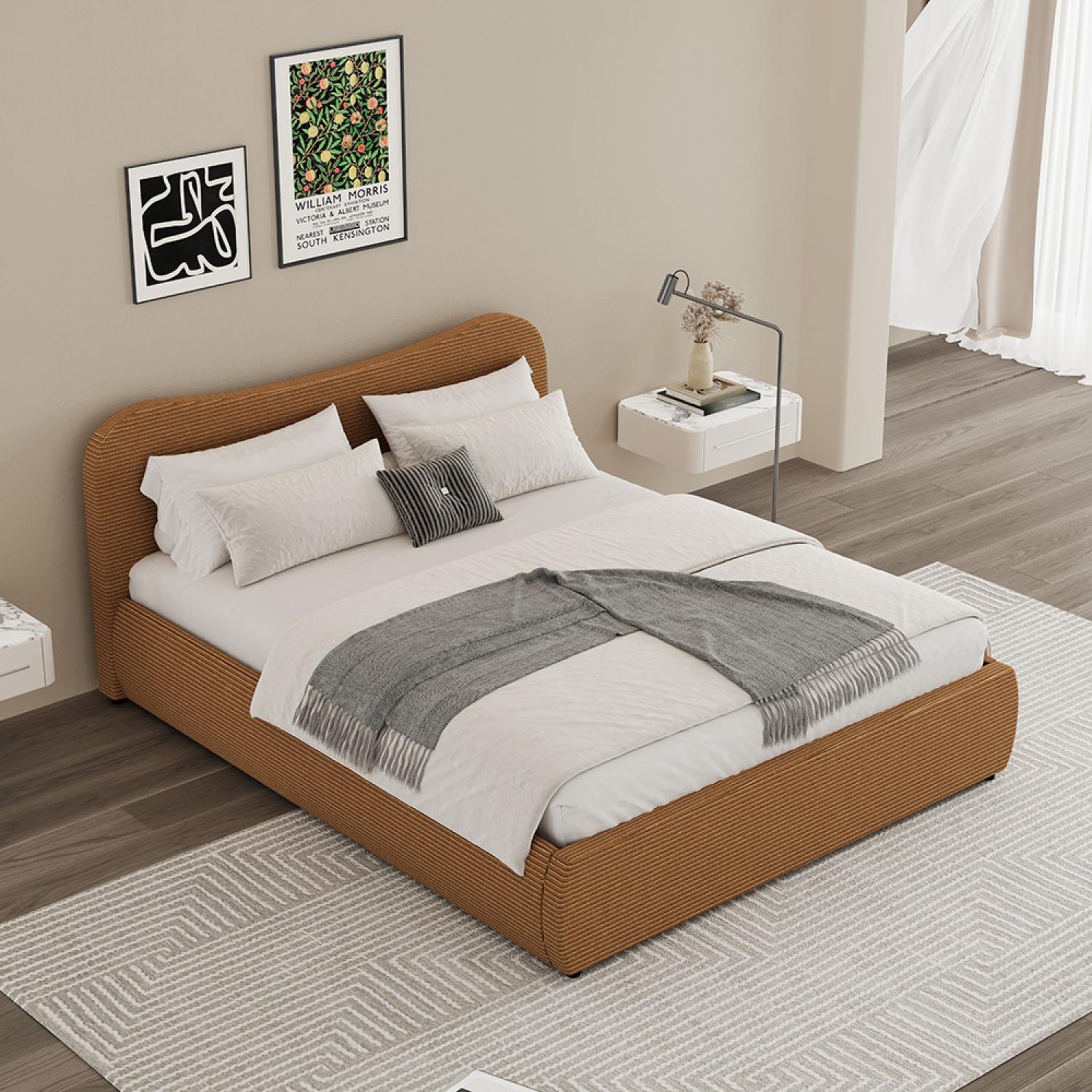 Voir la diapositive 4 : CONCEPT USINE Lit coffre 160x200cm design arrondi velours côtelé marron plano