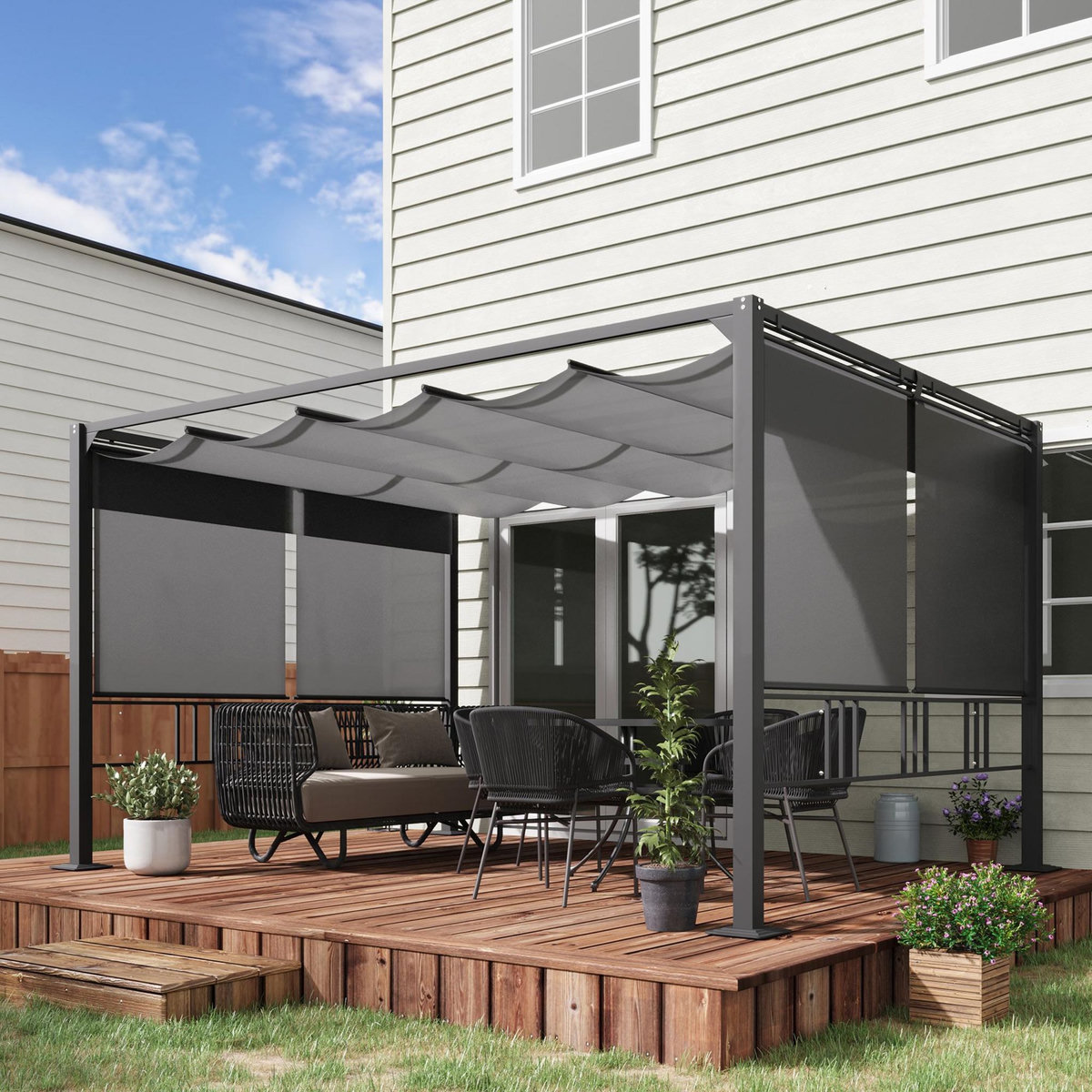 OUTSUNNY Pergola rétractable 3,9L x 2,9l x 2,2H m structure alu. acier époxy noir double toile polyester haute densité gris